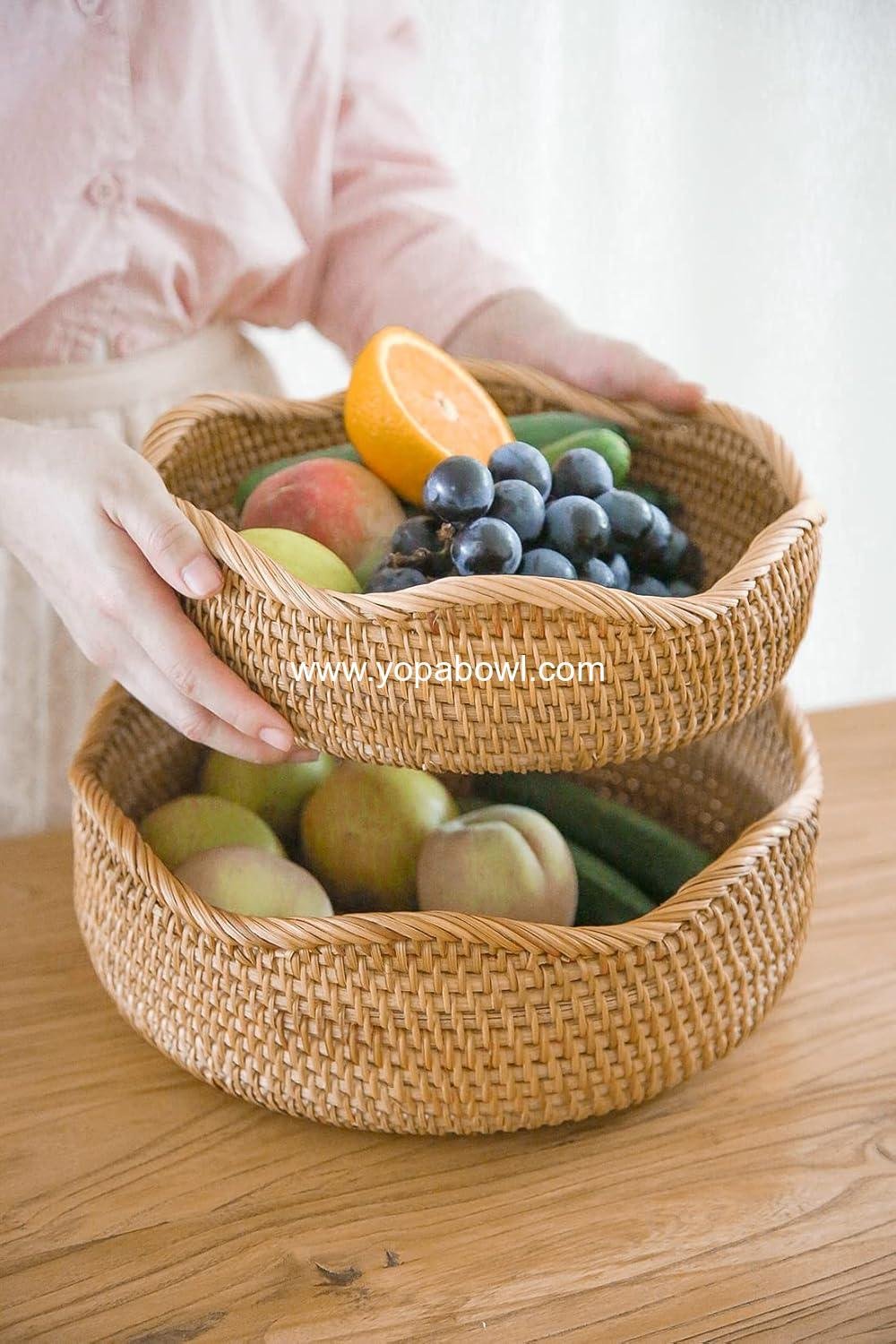 Wholesale Handmade Rattan Bread Baskets Round Wicker Fruit Serving Storage Bowls Natural Woven Decorative Kitchen Organizer 10.2