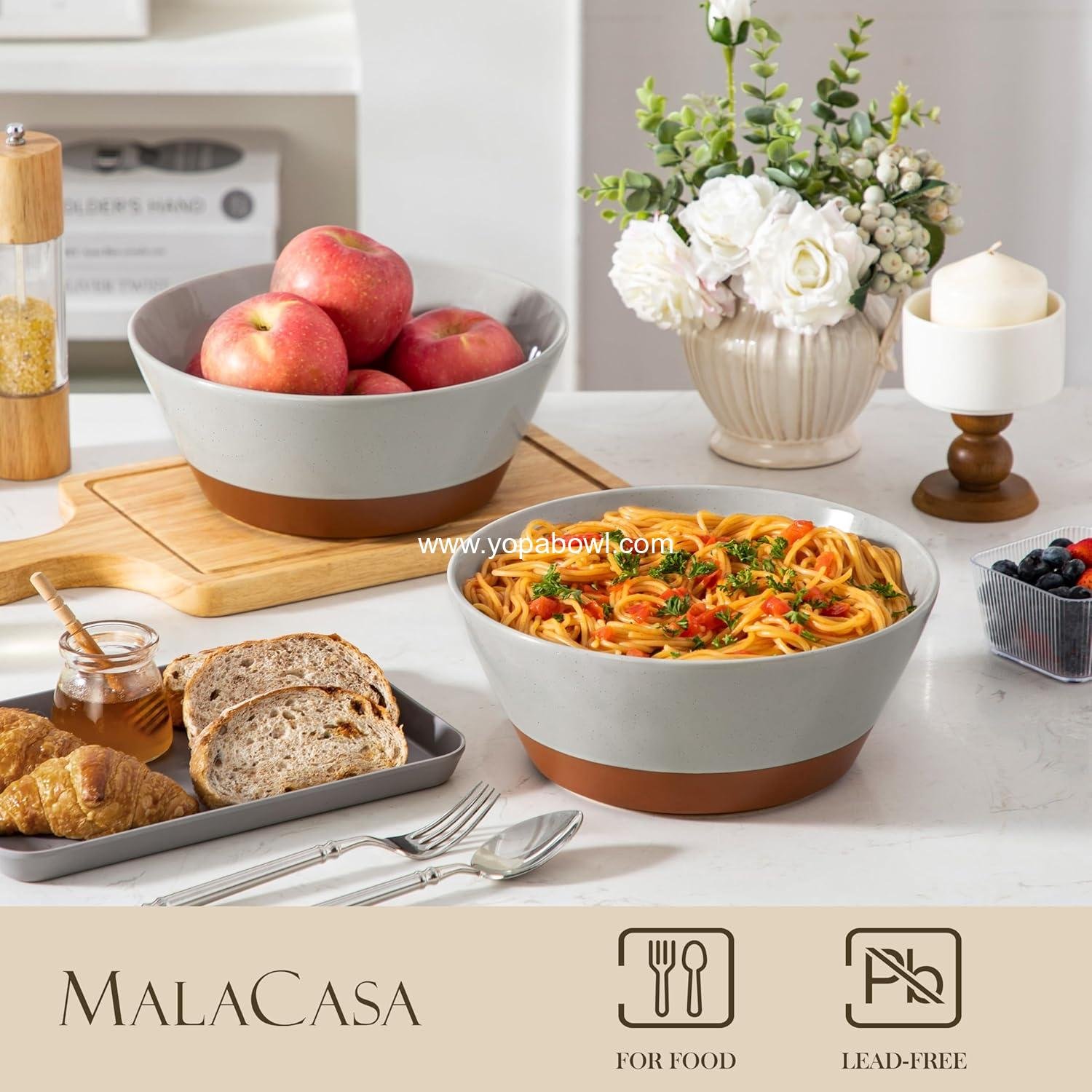 Wholesale Large Salad Bowls, 105oz Ceramic Serving Bowls for Soup, Fruit, and Pho - 2-Pc Wide Set in Grey & Brown, Factory