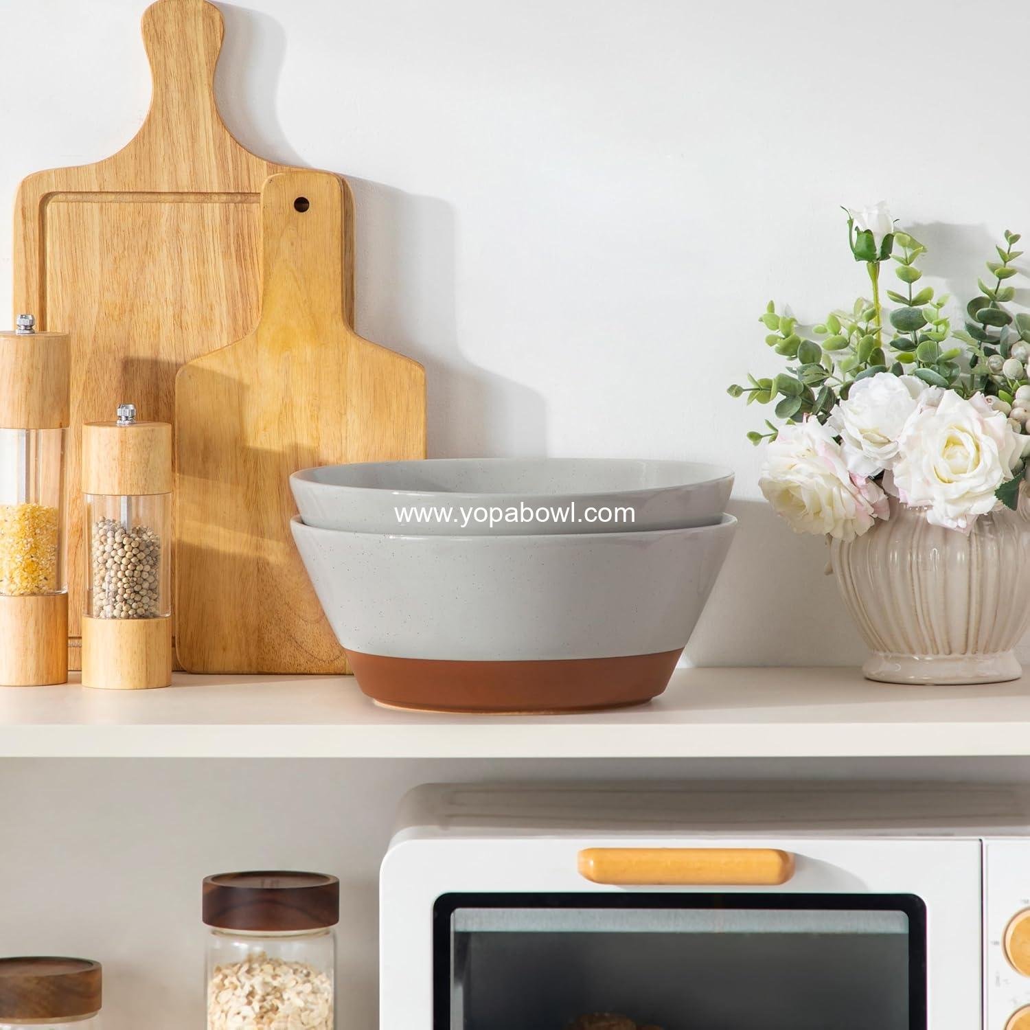 Wholesale Large Salad Bowls, 105oz Ceramic Serving Bowls for Soup, Fruit, and Pho - 2-Pc Wide Set in Grey & Brown, Factory