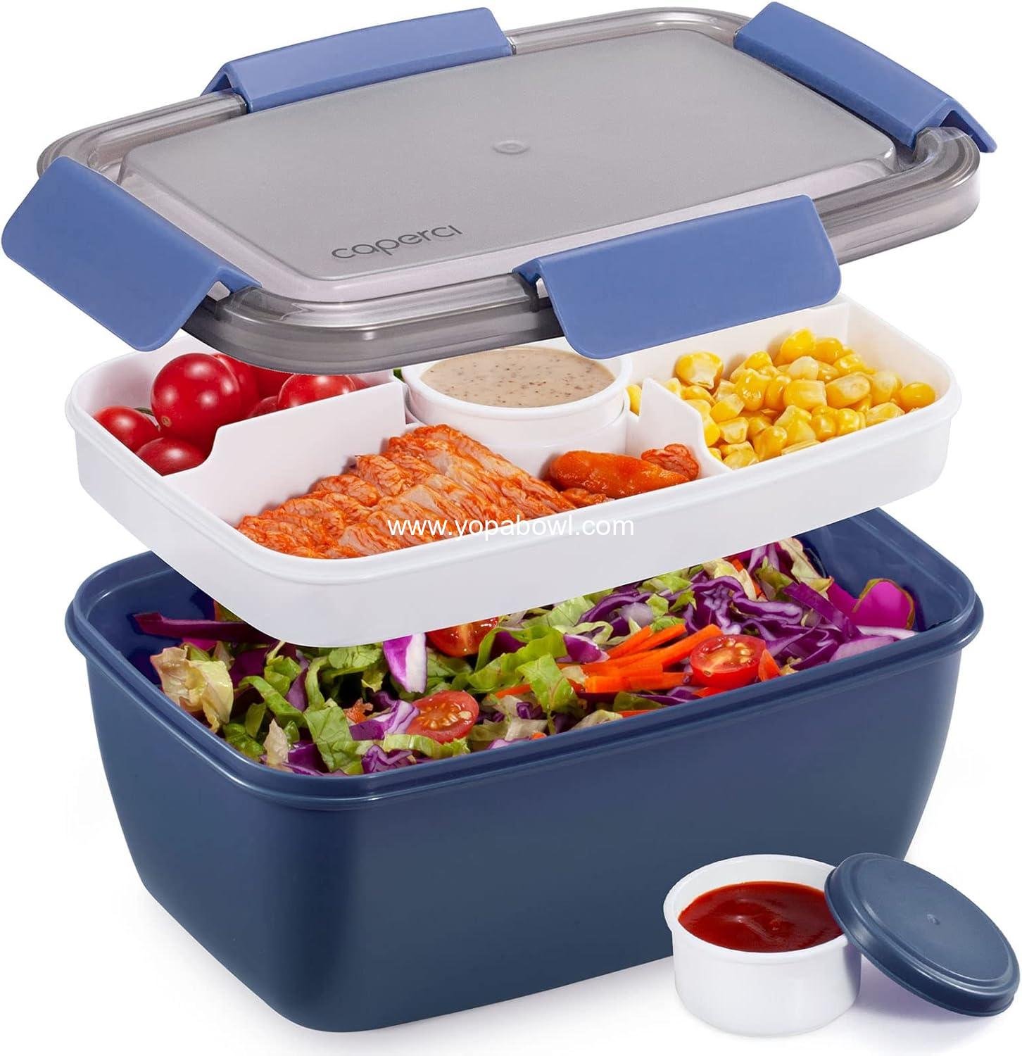 Caperci Large Salad Container Bowl for Lunch - Better Adult Bento Lunch Box 68 oz, 5-Compartment Tray, 2pcs 3-oz Sauce Cups, Stackable, BPA-Free (Navy)