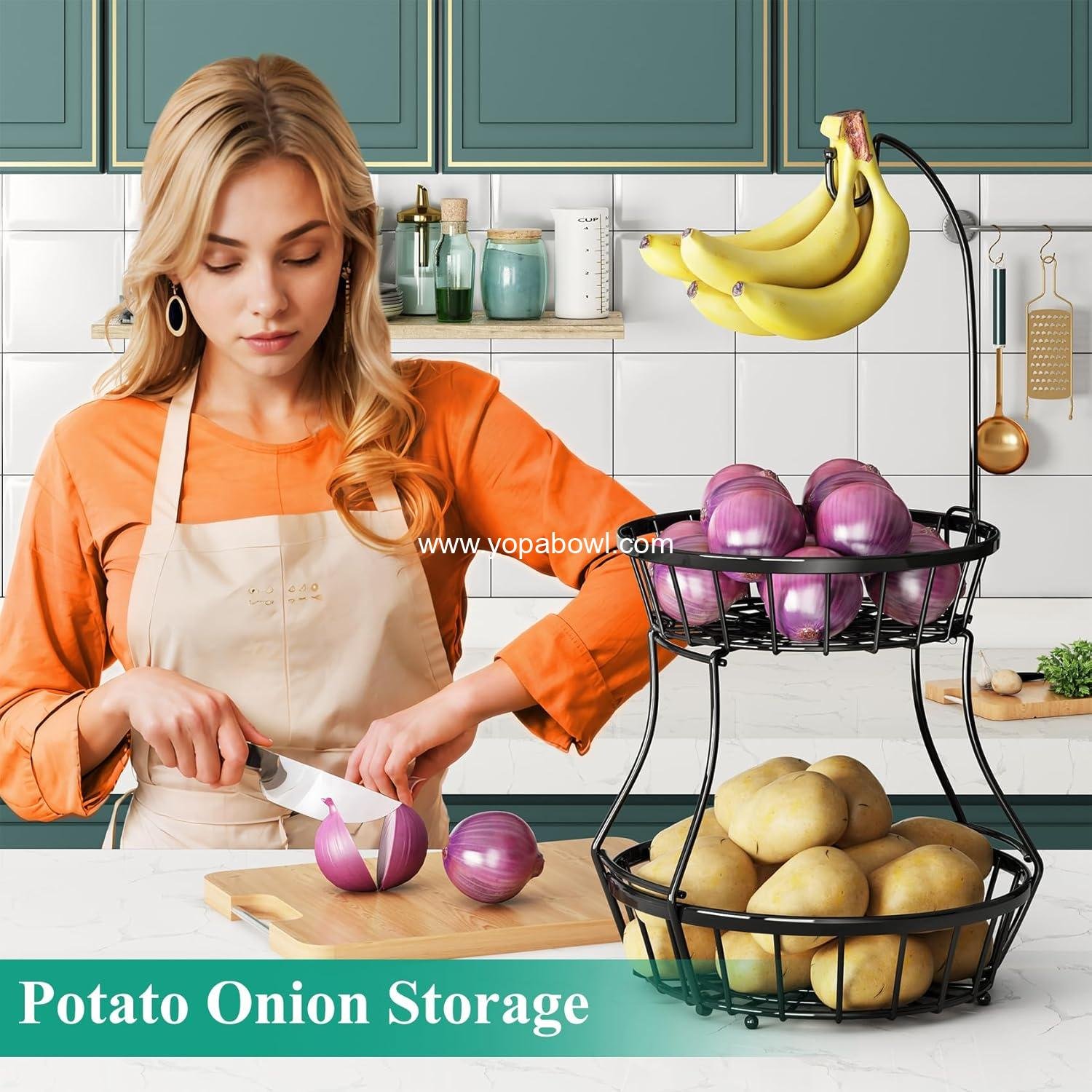 Wholesale 2-Tier Stackable Fruit Basket Bowl with Banana Tree Hanger for Kitchen Countertop, Metal Wire Storage for Bread, Onions, and Potatoes - Factory