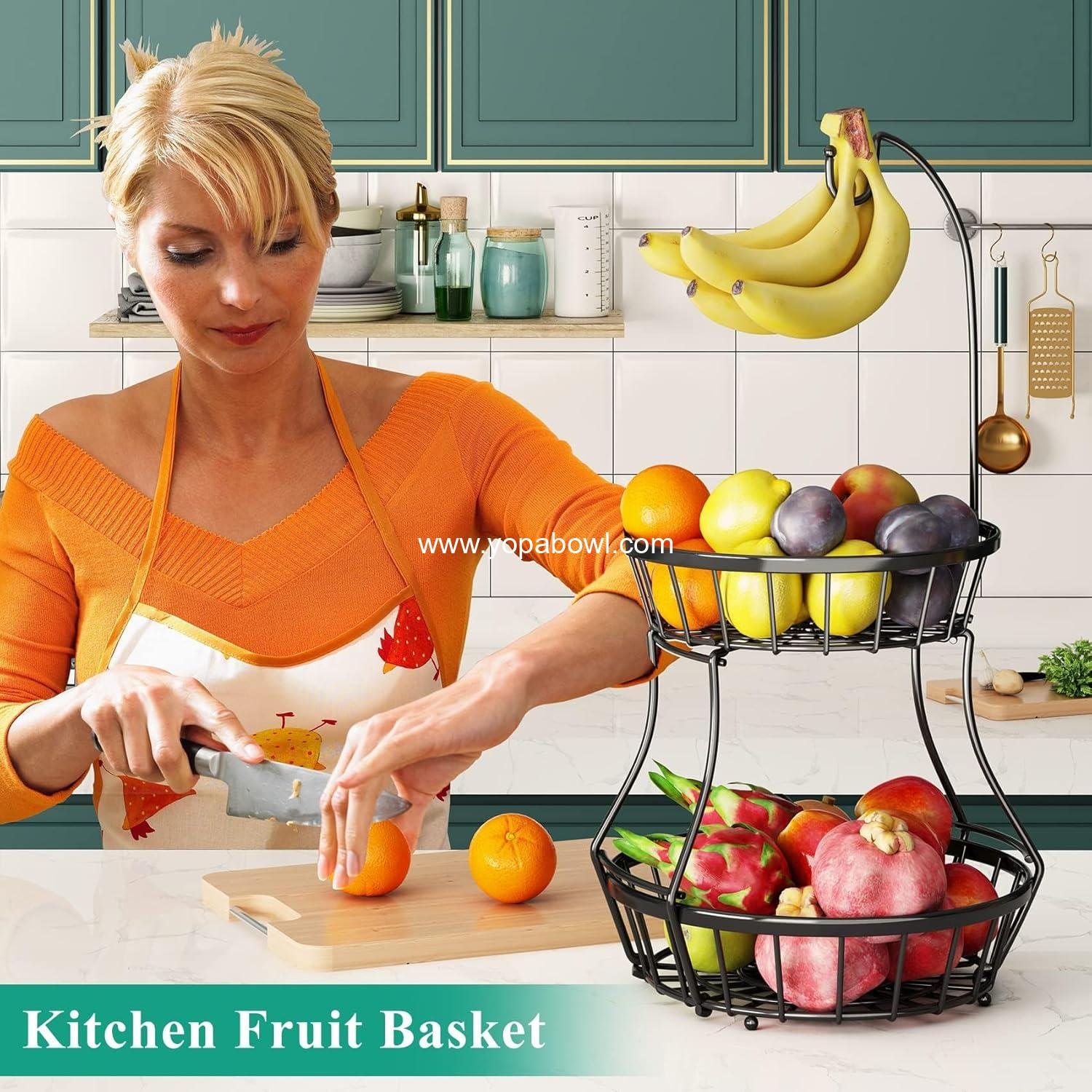 Wholesale 2-Tier Stackable Fruit Basket Bowl with Banana Tree Hanger for Kitchen Countertop, Metal Wire Storage for Bread, Onions, and Potatoes - Factory