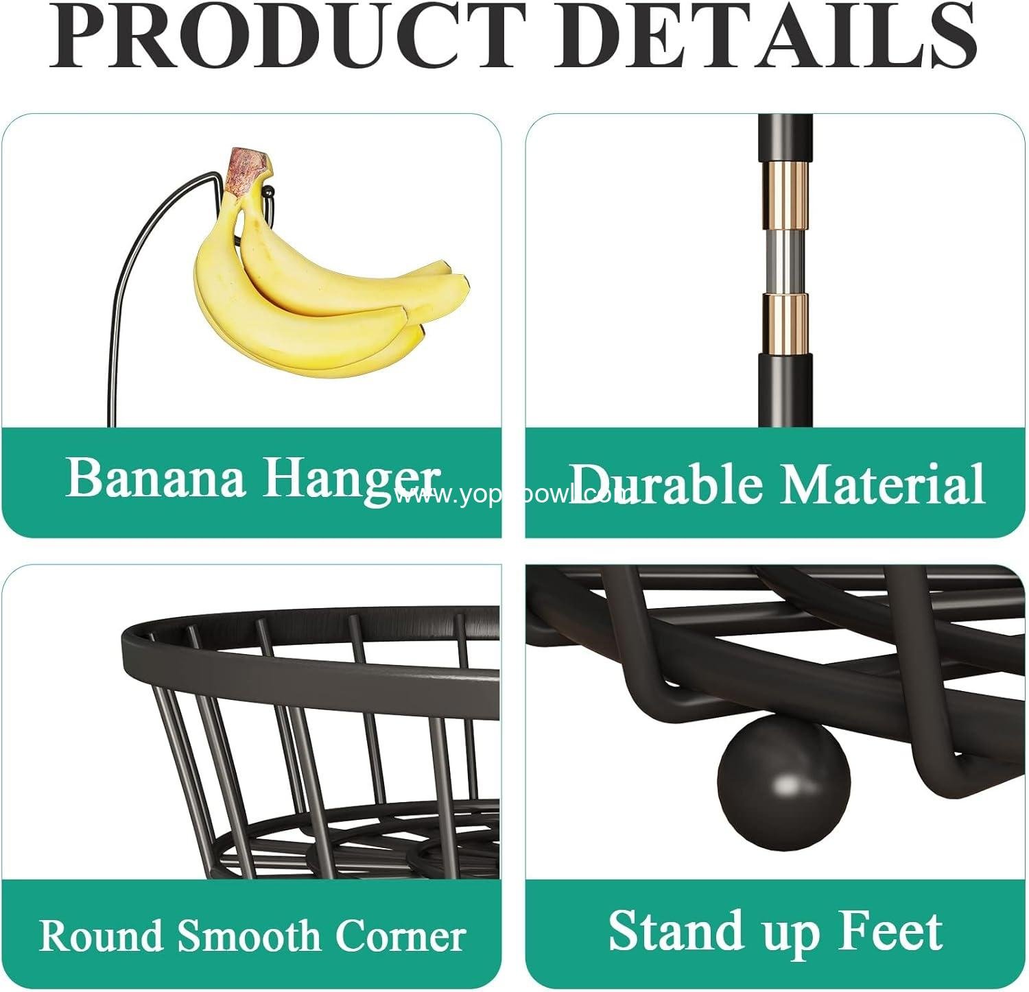 Wholesale 2-Tier Stackable Fruit Basket Bowl with Banana Tree Hanger for Kitchen Countertop, Metal Wire Storage for Bread, Onions, and Potatoes - Factory