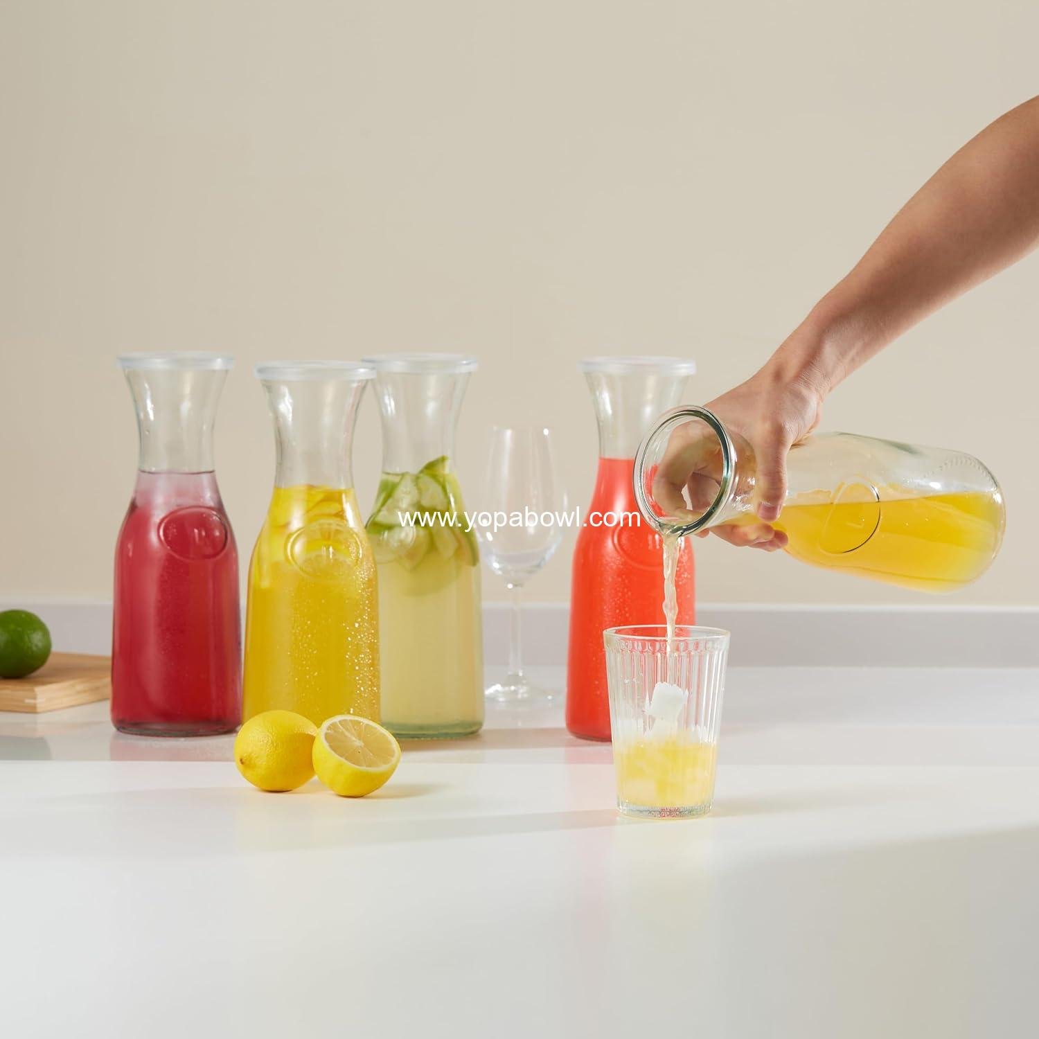 Wholesale Glass Carafe Set of 3, 35 oz Drink Dispensers with Lid for Mimosa Bar, Parties, Tea, Wine, and Juice, Dishwasher Safe, Plastic Lids, ODM Factory
