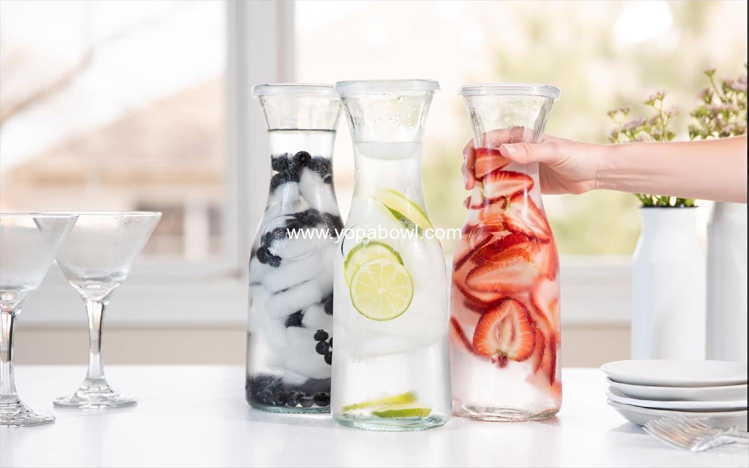 Wholesale Glass Carafe Set of 3, 35 oz Drink Dispensers with Lid for Mimosa Bar, Parties, Tea, Wine, and Juice, Dishwasher Safe, Plastic Lids, ODM Factory