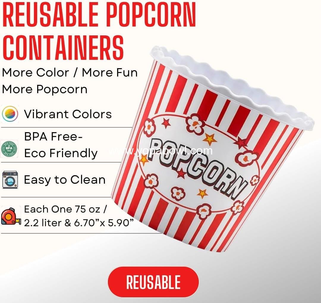 Wholesale Reusable Plastic Popcorn Bowls Set for Movie Night - Dishwasher Safe, BPA Free - 4 Pack (Colors: Yellow, Brown, Red/White, Blue) - Factory