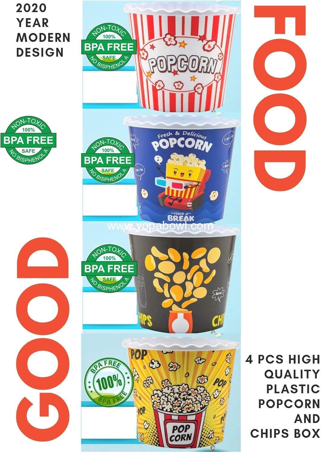 Wholesale Reusable Plastic Popcorn Bowls Set for Movie Night - Dishwasher Safe, BPA Free - 4 Pack (Colors: Yellow, Brown, Red/White, Blue) - Factory