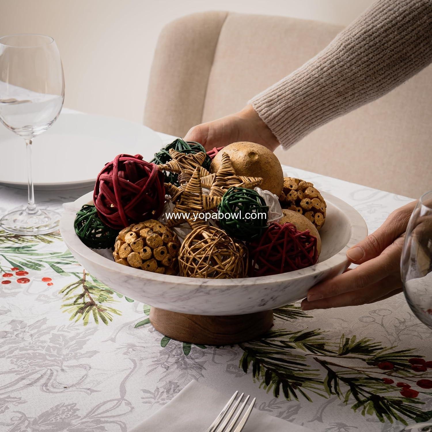 OEM Marble Decorative Bowl for Home Decor - Handcrafted Natural Stone and Acacia Wood Pedestal - Versatile 11