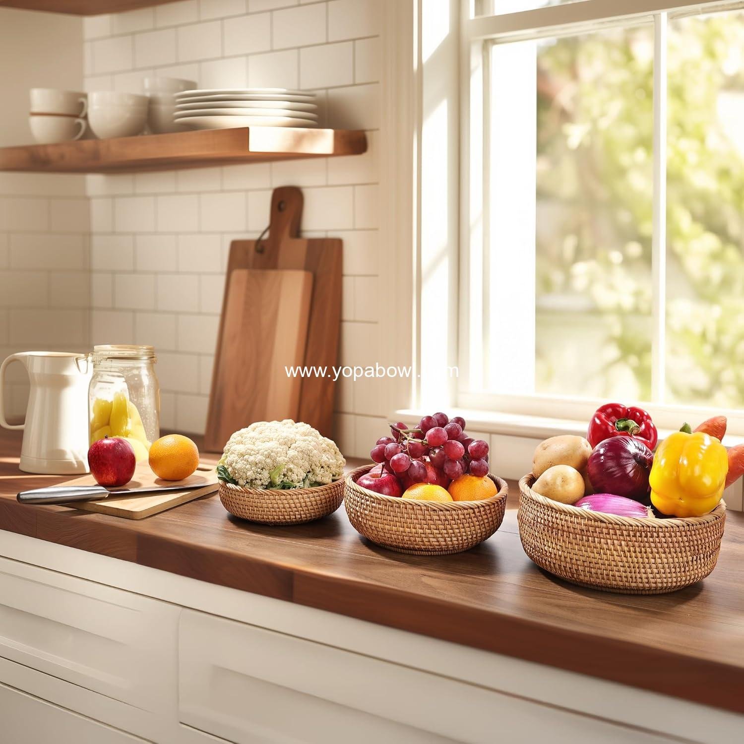 OEM Honey Brown Natural Rattan Bread Basket Set of 3 - Handwoven Round Wicker Bowls for Fruit, Snacks, Kitchen Organization | Stackable Farmhouse Decor Factory OEM Honey Brown Natural Rattan Bread Basket Set of 3 - Handwoven Round Wicker Bowls for Fruit, Snacks, Kitchen Organization | Stackable Farmhouse Decor Factory