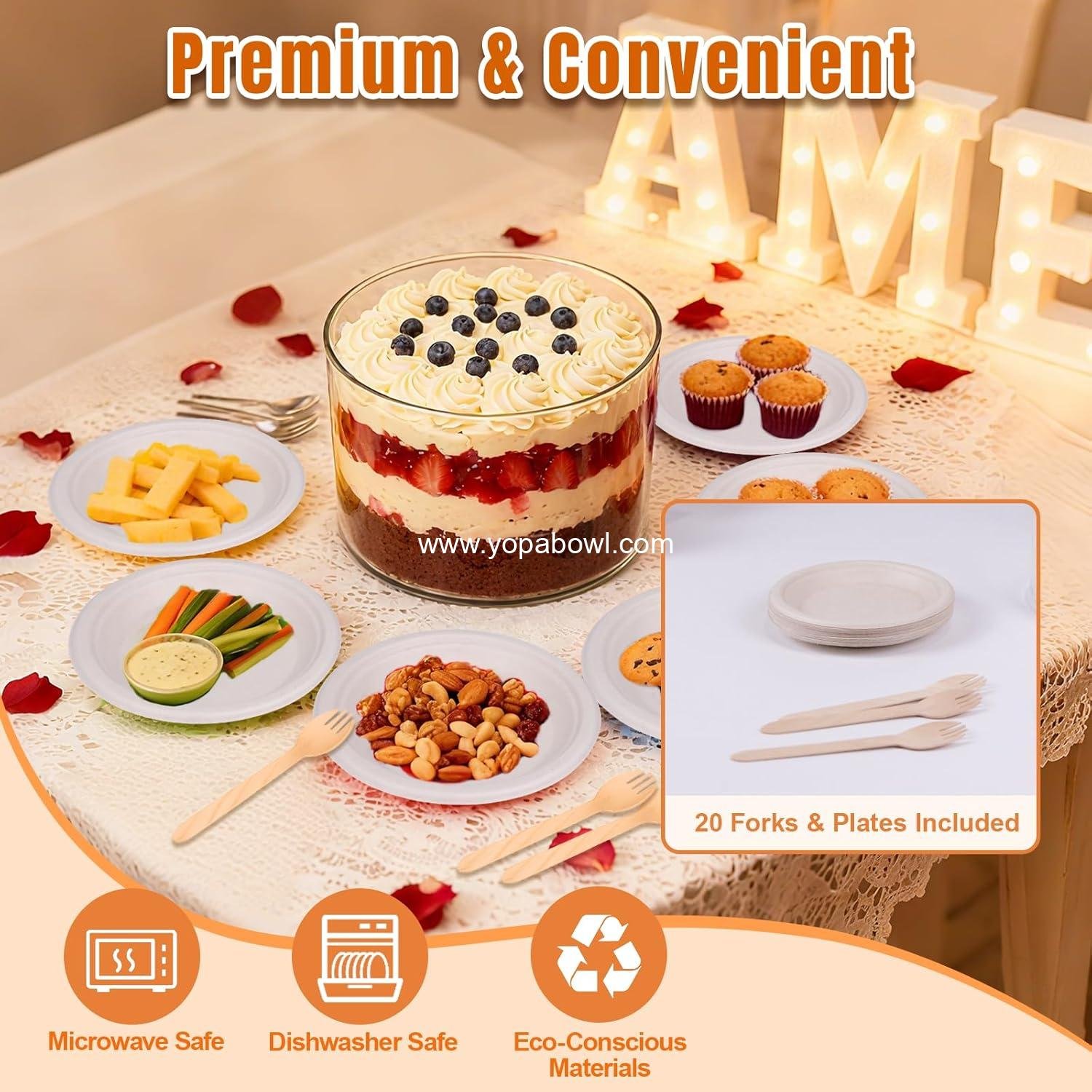 Wholesale 141oz Trifle Bowl with Lid, High Borosilicate Glass Serving Bowl with Bamboo Cover, 2-in-1 Pedestal Salad Bowl & Trifle Dish, Includes 20 Forks & Plates for Party Factory Wholesale 141oz Trifle Bowl with Lid, High Borosilicate Glass Serving Bowl with Bamboo Cover, 2-in-1 Pedestal Salad Bowl & Trifle Dish, Includes 20 Forks & Plates for Party Factory