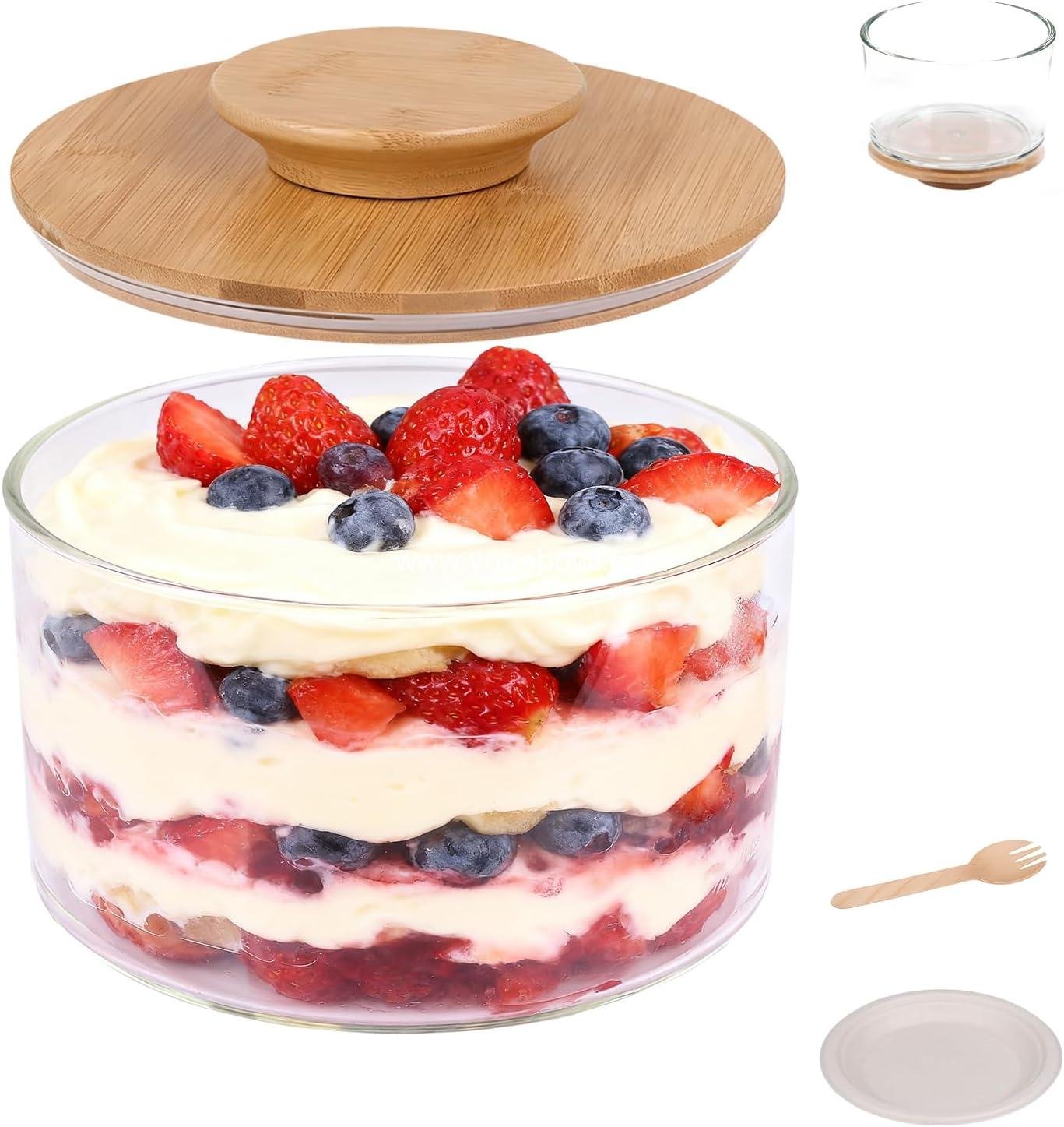 141oz Trifle Bowl with Lid, High Borosilicate Glass Serving Bowls with Lids & Bamboo Cover, 2-in-1 Pedestal Salad Bowl & Trifle Dish, 20 Forks & Plates Included for Party