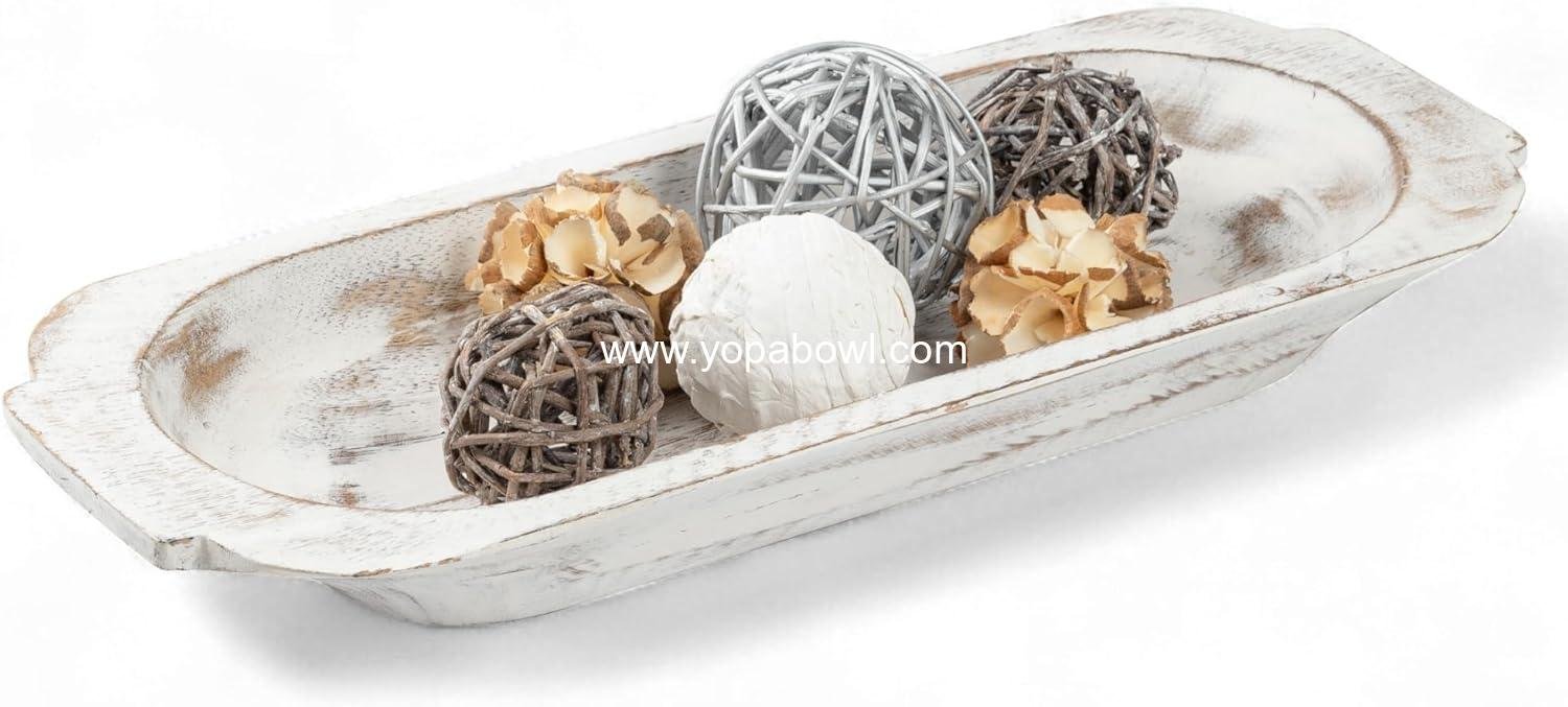 Mie Creations 16'' Large Wooden Dough Bowl for Decor, Farmhouse Decorative Centerpiece Oval Dough Bowls for Table | Handmade Long Wood Bowl, Thanksgiving Christmas Dining Decorations-Shabby Chic White