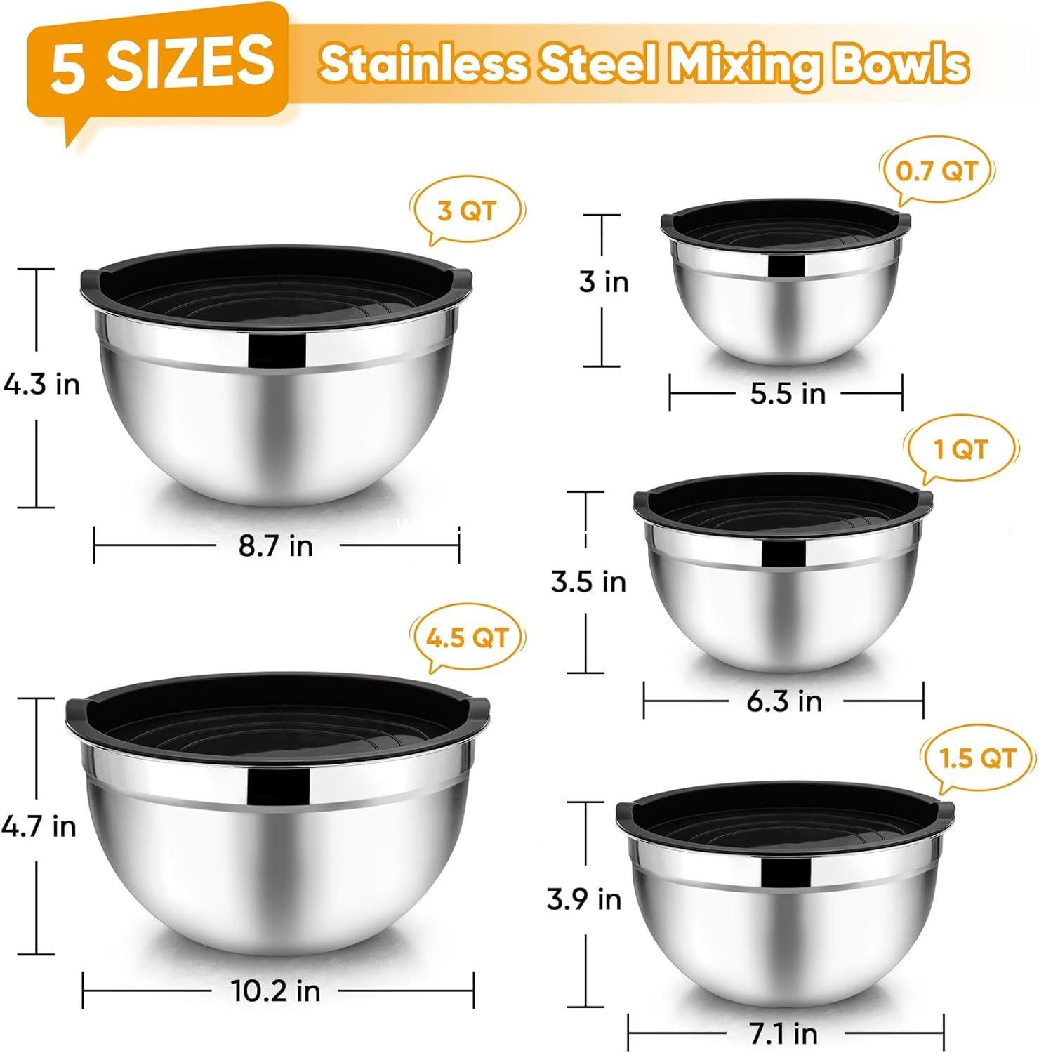 Wholesale Stainless Steel Mixing Bowl Set of 5 - 4.5QT, 3QT, 1.5QT, 1QT, 0.7QT - Nesting Salad Bowls with Airtight Lids, Non-Toxic and Sturdy, Easy to Clean, Black, Factory