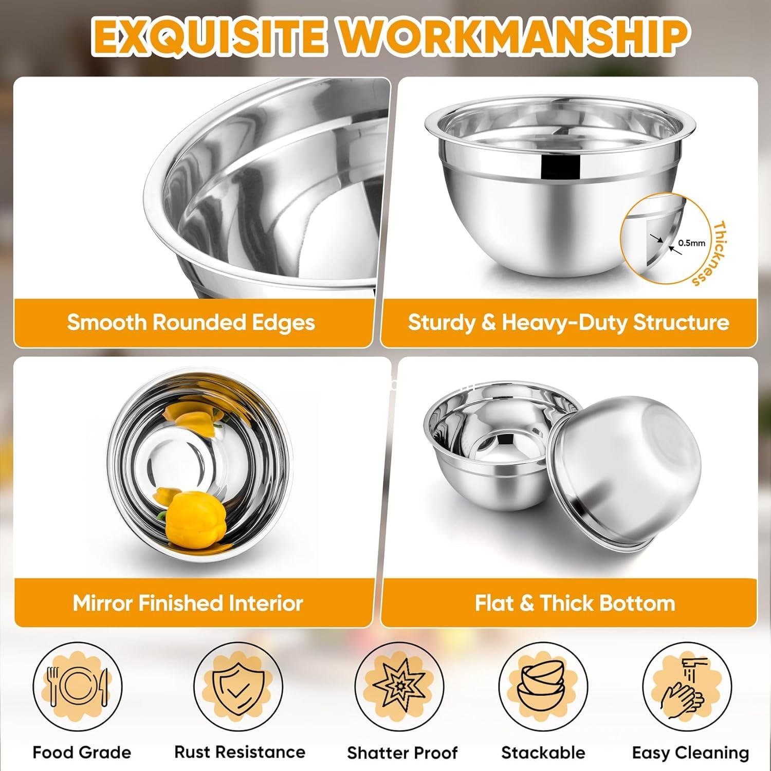 Wholesale Stainless Steel Mixing Bowl Set of 5 - 4.5QT, 3QT, 1.5QT, 1QT, 0.7QT - Nesting Salad Bowls with Airtight Lids, Non-Toxic and Sturdy, Easy to Clean, Black, Factory