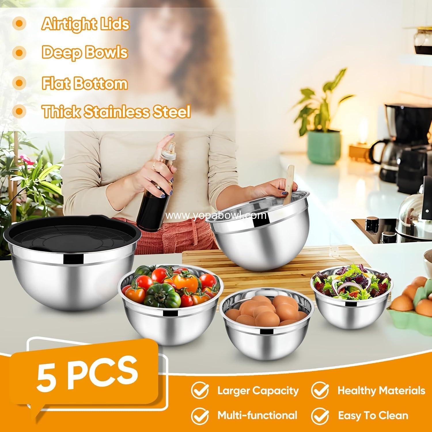 Wholesale Stainless Steel Mixing Bowl Set of 5 - 4.5QT, 3QT, 1.5QT, 1QT, 0.7QT - Nesting Salad Bowls with Airtight Lids, Non-Toxic and Sturdy, Easy to Clean, Black, Factory