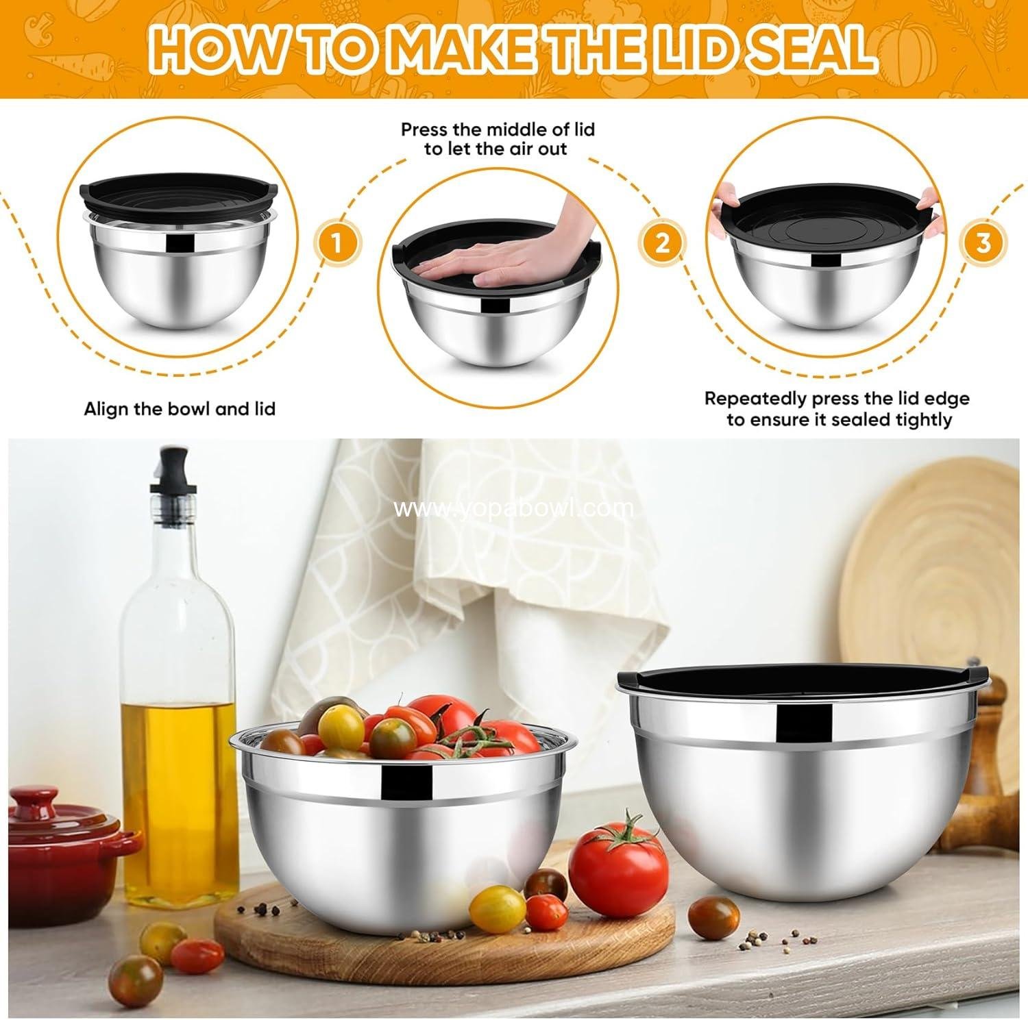 Wholesale Stainless Steel Mixing Bowl Set of 5 - 4.5QT, 3QT, 1.5QT, 1QT, 0.7QT - Nesting Salad Bowls with Airtight Lids, Non-Toxic and Sturdy, Easy to Clean, Black, Factory