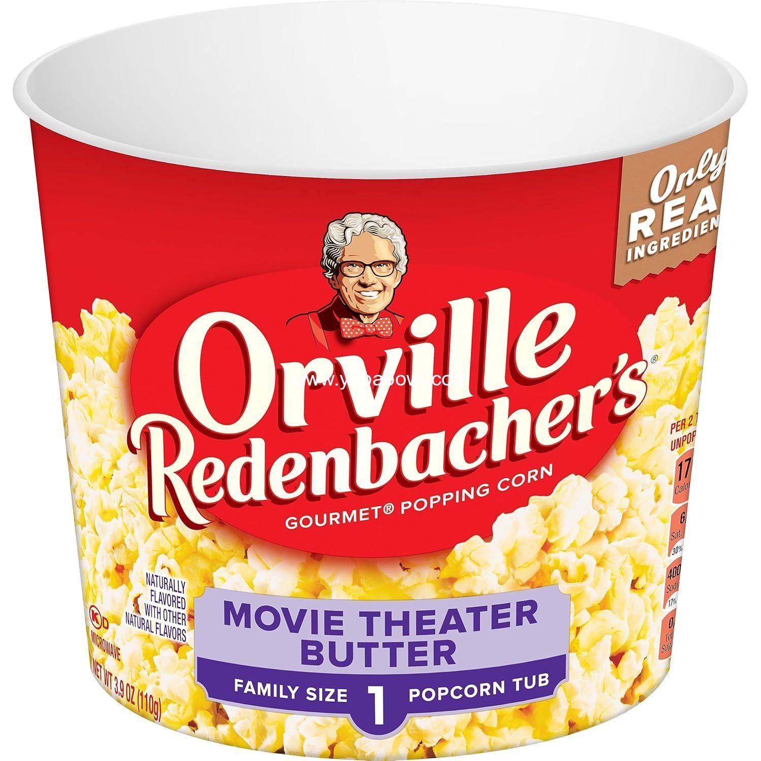 Orville Redenbacher’s Microwave Popcorn + Tub, Movie Theater Butter Flavor, 2g Fiber Per Serving, Movie Night Supplies, 3.9 oz.