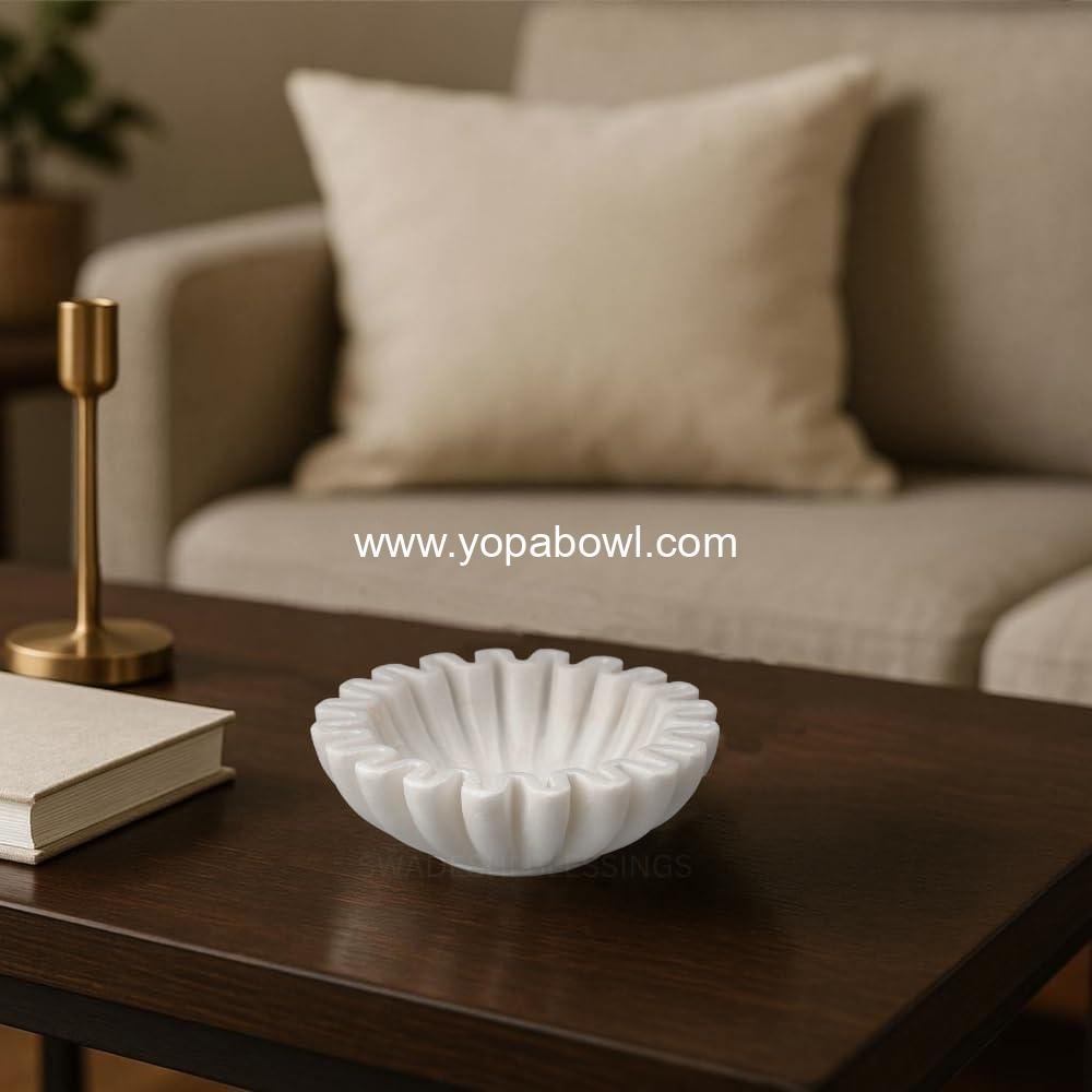 Wholesale Handcrafted Marble Ruffle Bowl, Antique Scallop Fruit Bowl, Vintage Ring Dish, Decorative Flower Dish, Housewarming Gift, Wedding Gift, Urli (6 Inches) Factory