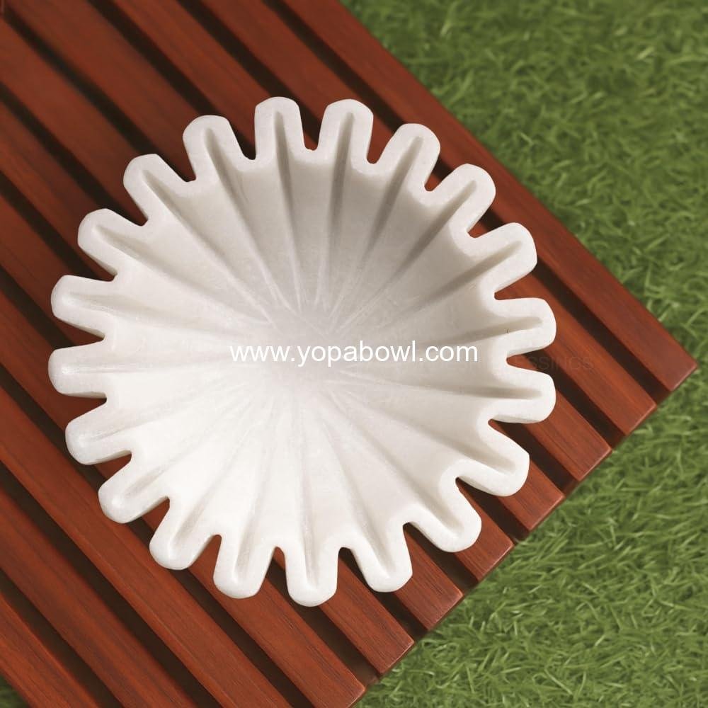 SWADESHI BLESSINGS HandCrafted Marble Ruffle Bowl/Antique Scallop Bowl/Fruit Bowl/Vintage Ring Dish/Decorative Flower Dish/HouseWarming Gift/Wedding Gifts/Urli (6 Inches)