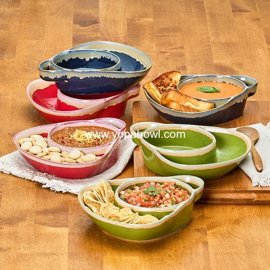Wholesale Stoneware Dual Compartment Soup and Side Bowl Set - Orange - Factory