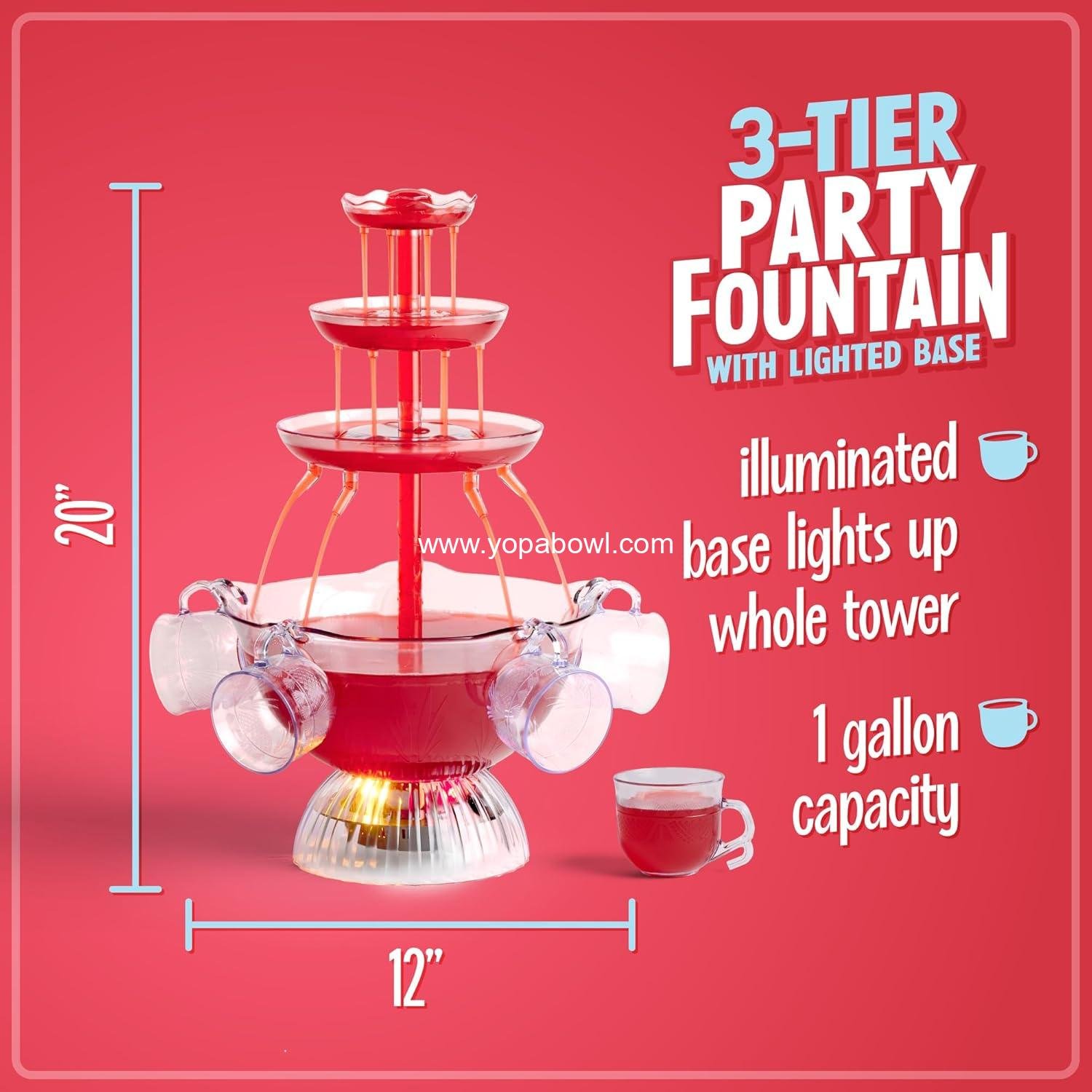 Wholesale 3-Tier Party Fountain 1 Gallon Capacity, LED Base, Includes 5 Reusable Cups, Clear, Factory