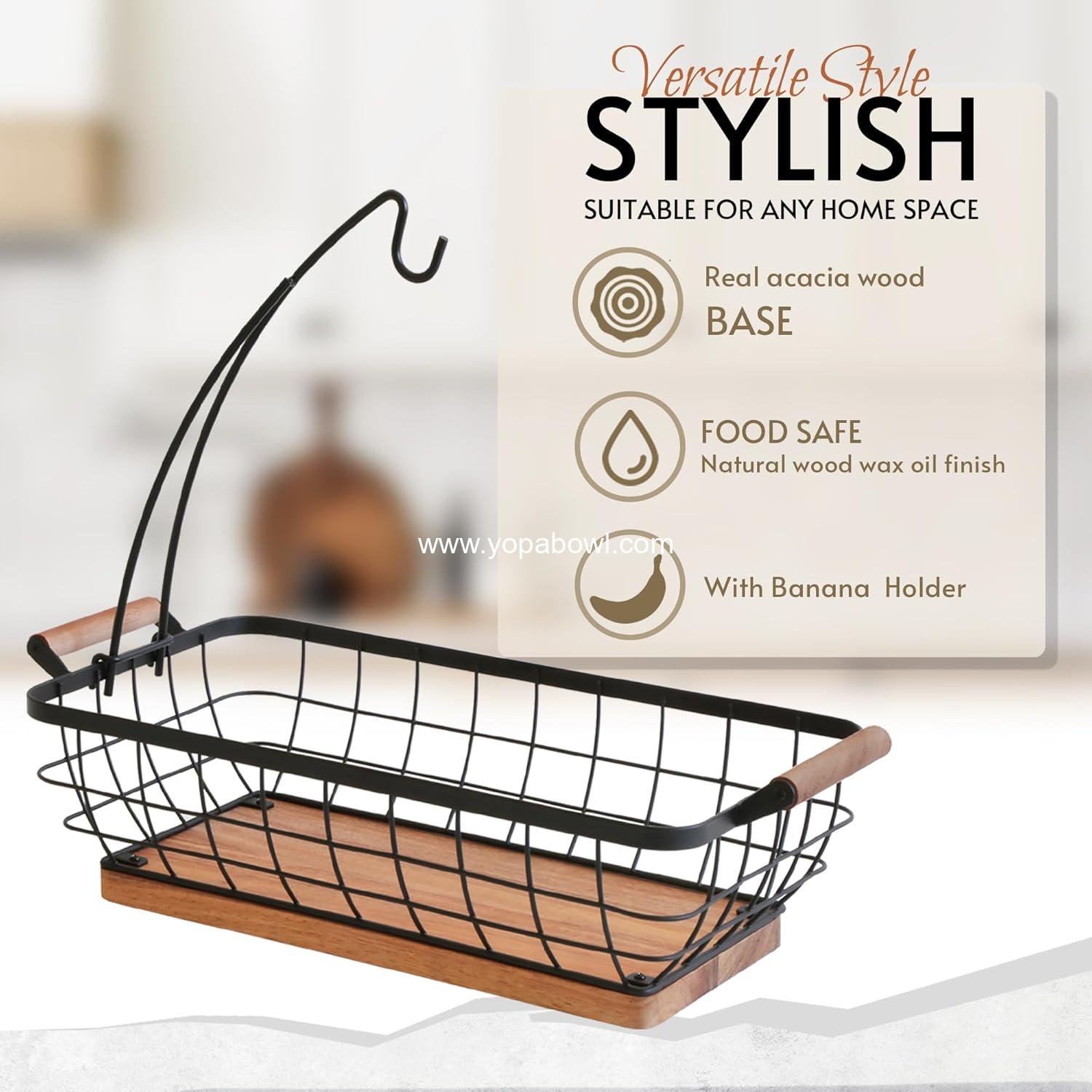 Wholesale Rectangular Fruit Basket with Banana Hanger, Metal Wire Bowl with Wooden Base, Kitchen Organizer, Black Fruit Bowl for Counter, Vegetable and Snack Storage, Factory