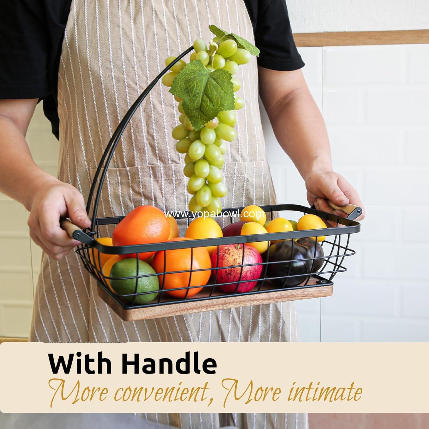 Wholesale Rectangular Fruit Basket with Banana Hanger, Metal Wire Bowl with Wooden Base, Kitchen Organizer, Black Fruit Bowl for Counter, Vegetable and Snack Storage, Factory