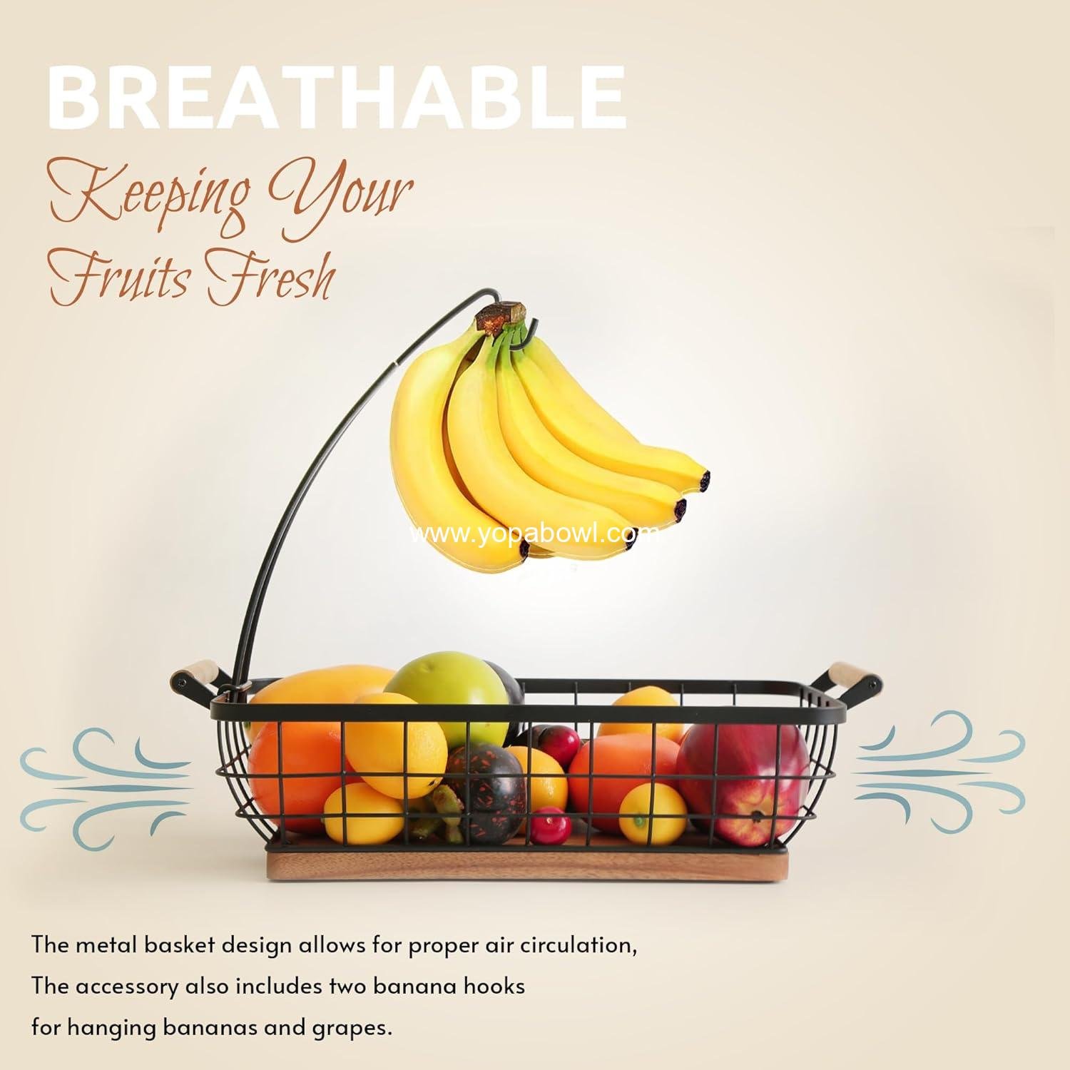 Wholesale Rectangular Fruit Basket with Banana Hanger, Metal Wire Bowl with Wooden Base, Kitchen Organizer, Black Fruit Bowl for Counter, Vegetable and Snack Storage, Factory