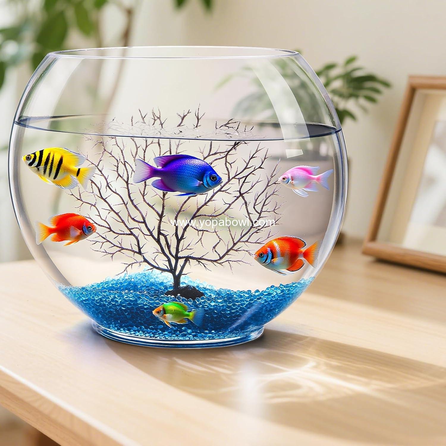 Wholesale Mini Oblate Glass Fish Bowl, 1 Gallon Small Tank with Blue Aquarium Sand and Coral Ornament for Betta Fish - Factory
