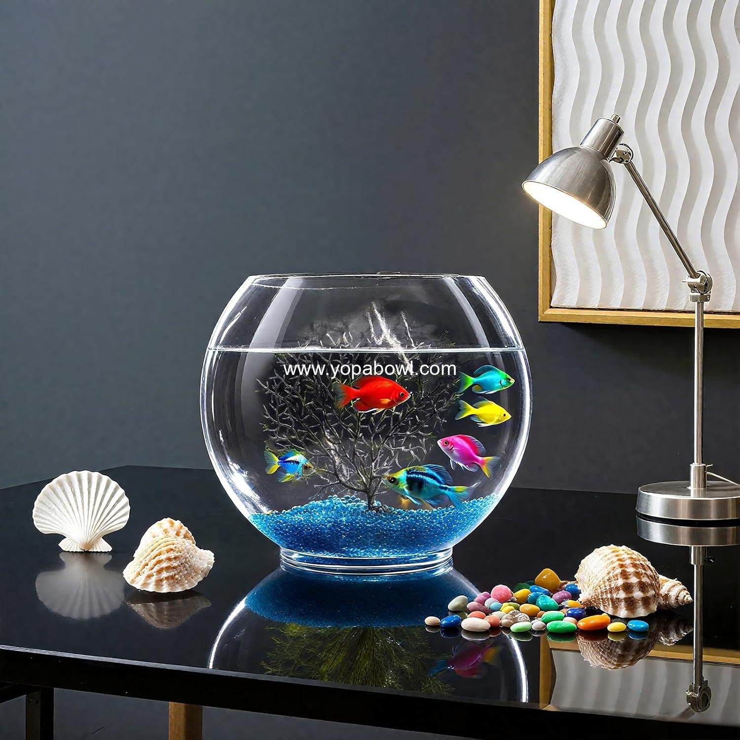 Wholesale Mini Oblate Glass Fish Bowl, 1 Gallon Small Tank with Blue Aquarium Sand and Coral Ornament for Betta Fish - Factory