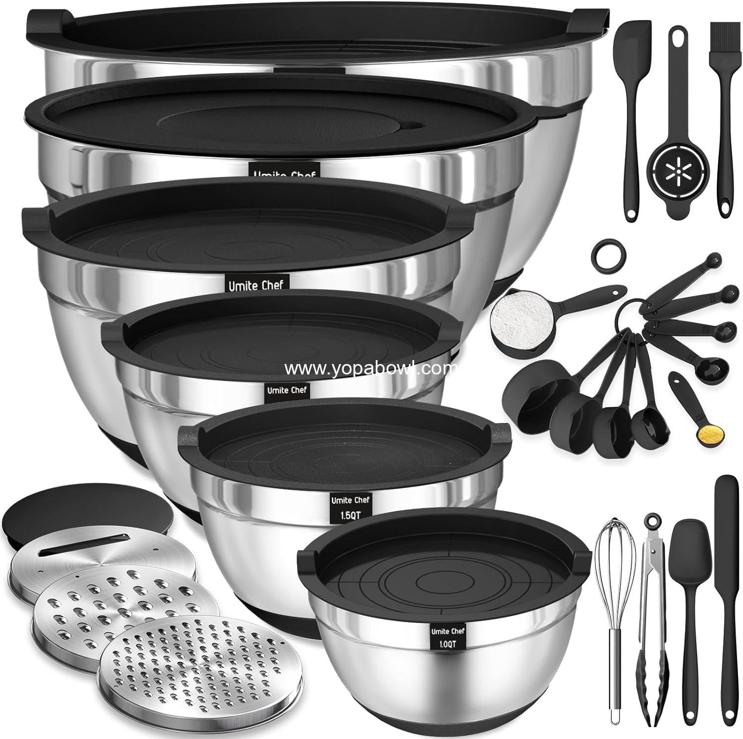 OEM 26-Piece Stainless Steel Mixing Bowls Set with Airtight Lids, 3 Grater Attachments, Non-Slip Bottoms, Sizes 1QT, 2.5QT, 4QT, 7QT - Ideal for Mixing and Serving, Factory