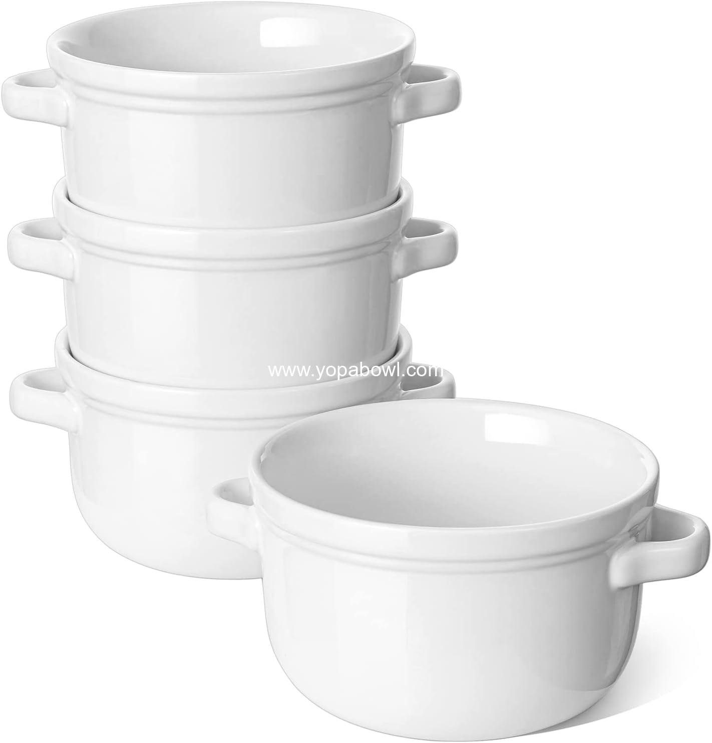 OEM 28 oz Soup Bowls With Handles, 5.5 inch Ceramic Crocks for Chili, Beef Stew, Cereal, Oven Safe, Microwave Dishwasher Safe, Set of 4, White Factory OEM 28 oz Soup Bowls With Handles, 5.5 inch Ceramic Crocks for Chili, Beef Stew, Cereal, Oven Safe, Microwave Dishwasher Safe, Set of 4, White Factory
