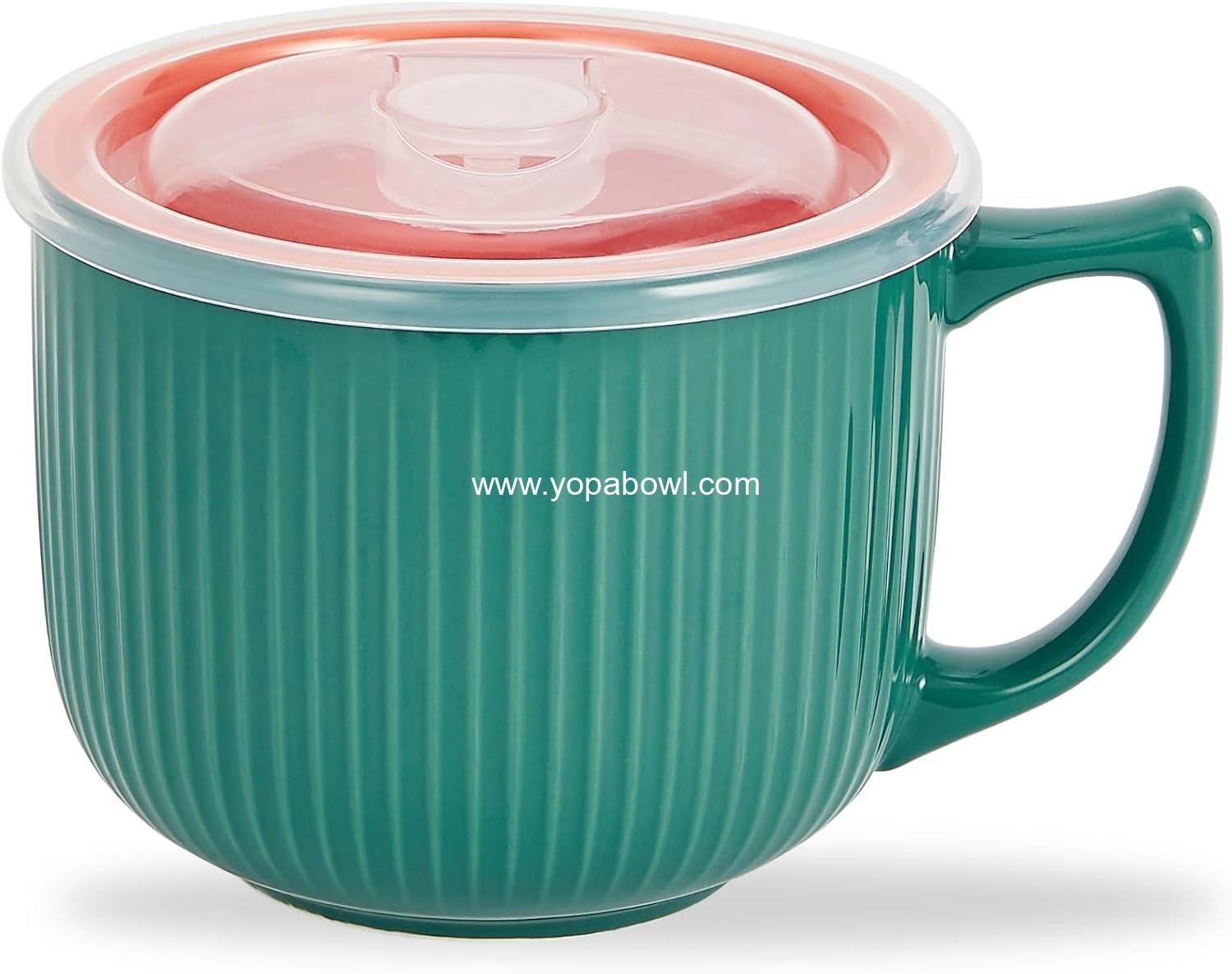 OEM Ceramic Soup Bowl with Handle 32oz – Microwave Ramen Bowl with Lid for Soup, Cereal, Oatmeal, Instant Noodles, and Ramen – Green Factory