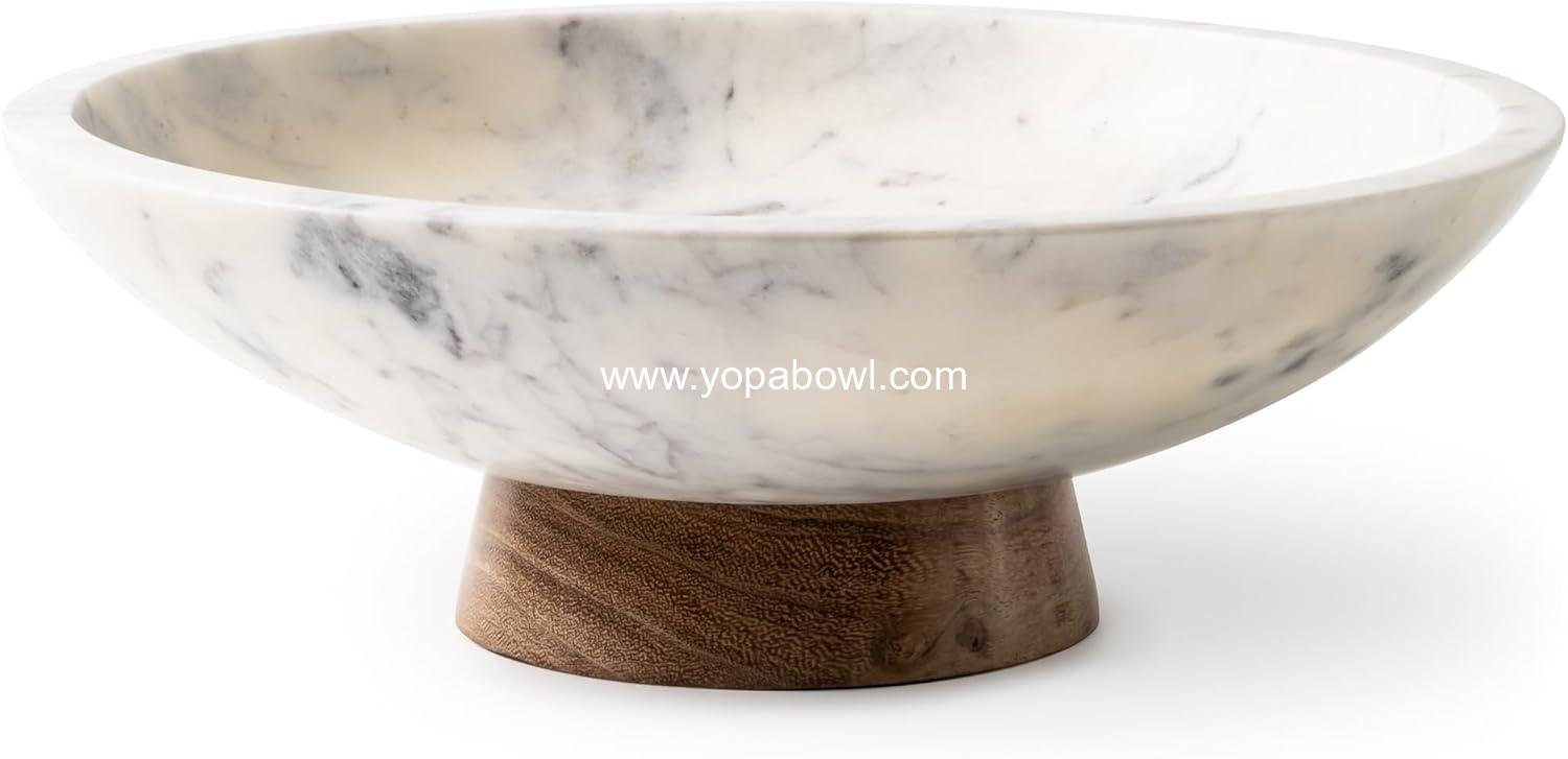 OEM Marble Decorative Bowl for Home Decor - Handcrafted Natural Stone and Acacia Wood Pedestal - Versatile 11