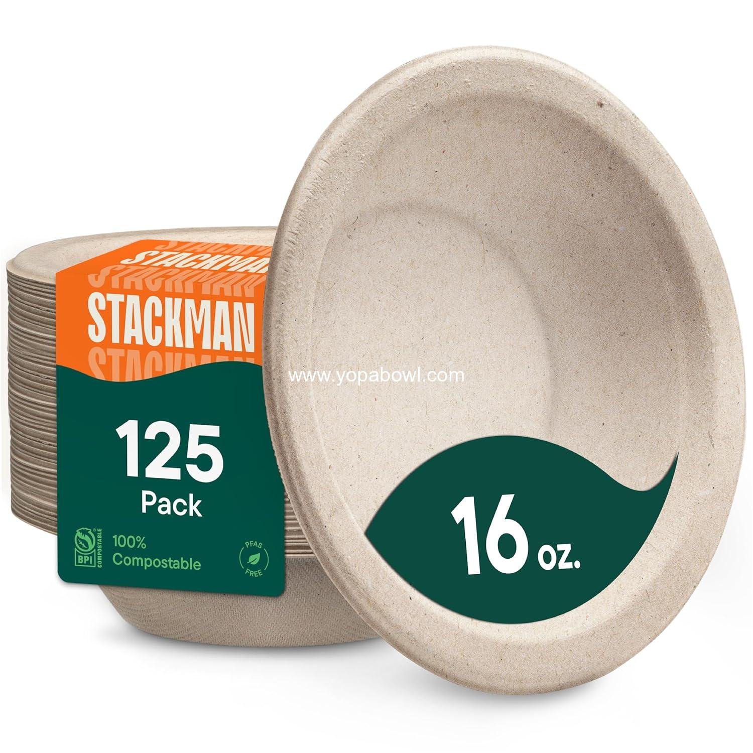 Wholesale 100% Compostable Disposable Paper Bowls [125-Pack] - PFAS-Free - BPI Certified - Heavy Duty 16 oz Eco-Friendly Biodegradable Bagasse Hot Food Plates - Natural Brown Factory