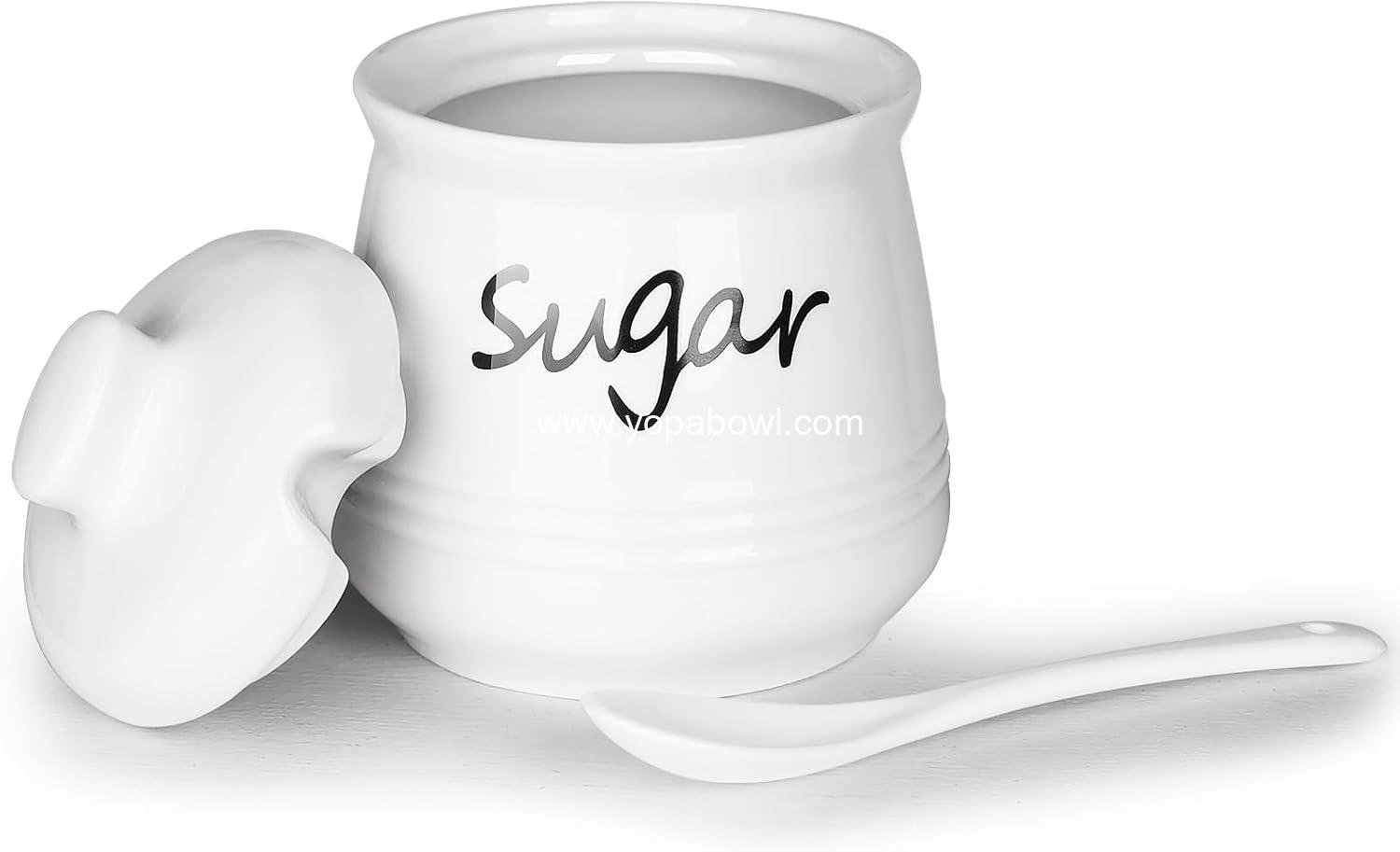 Wholesale 12oz Sugar Bowl with Lid and Spoon, Ceramic Sugar Jar Dispenser Container, Coffee Bar Accessories, Kitchen Countertop Canisters, White Factory