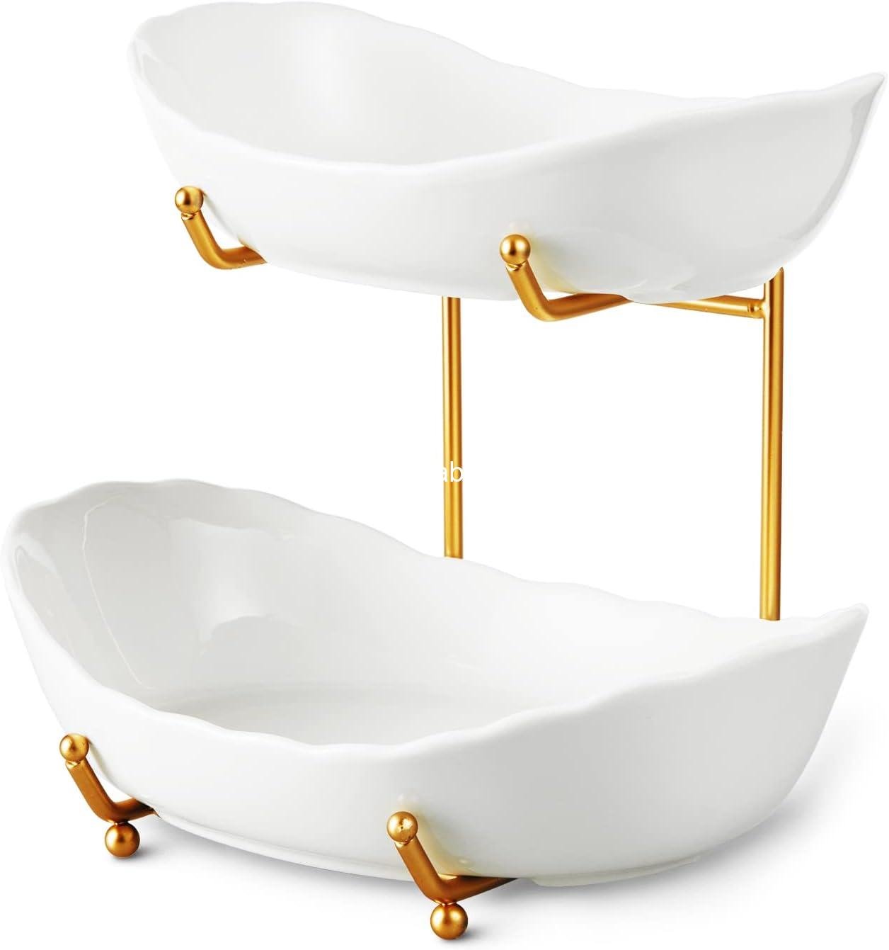 Wholesale 2 Tier Ceramic Fruit Bowl for Kitchen Counter, Modern Tiered Fruit Basket, Multi Layer Display Stand for Parties, Cute & Small (Gold & White) - Factory Wholesale 2 Tier Ceramic Fruit Bowl for Kitchen Counter, Modern Tiered Fruit Basket, Multi Layer Display Stand for Parties, Cute & Small (Gold & White) - Factory