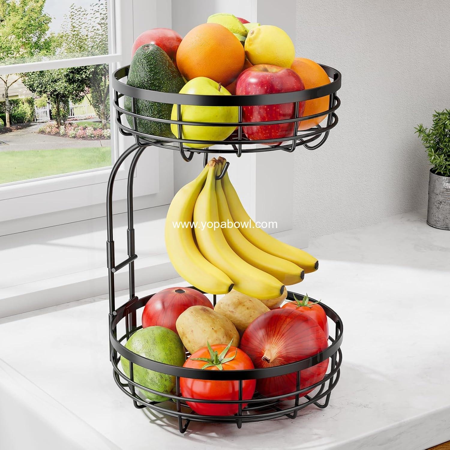 Wholesale 2-Tier Fruit Basket for Kitchen Counter - Large Capacity Fruit Bowl with Detachable Banana Hanger, Rust-Proof Metal Holder for Vegetables and Bread, 10