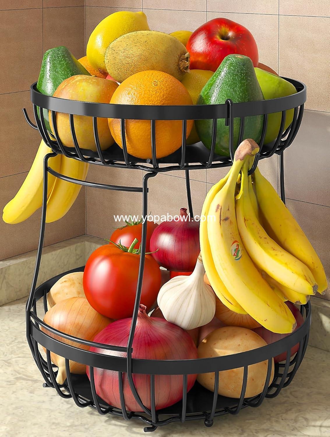 Wholesale 2 Tier Large Fruit Basket with 2 Banana Hangers, Stackable Metal Fruit Bowl for Kitchen Counter - Black, Factory Wholesale 2 Tier Large Fruit Basket with 2 Banana Hangers, Stackable Metal Fruit Bowl for Kitchen Counter - Black, Factory