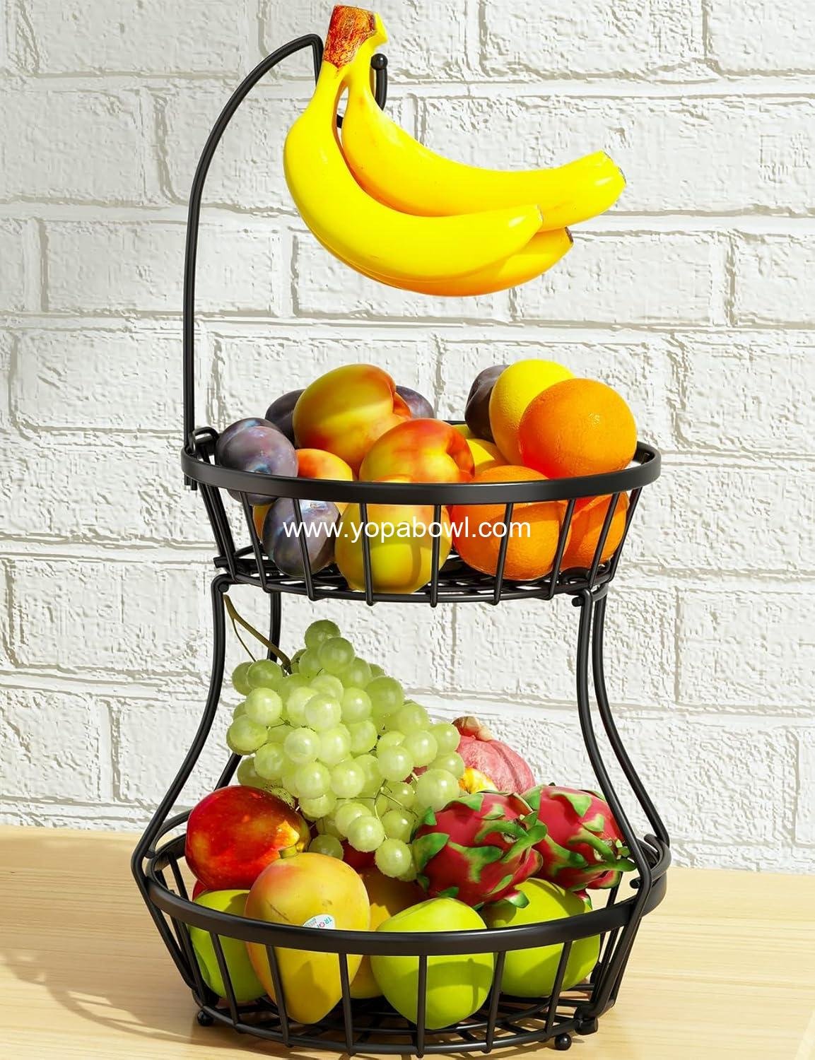 Wholesale 2-Tier Stackable Fruit Basket Bowl with Banana Tree Hanger for Kitchen Countertop, Metal Wire Storage for Bread, Onions, and Potatoes - Factory