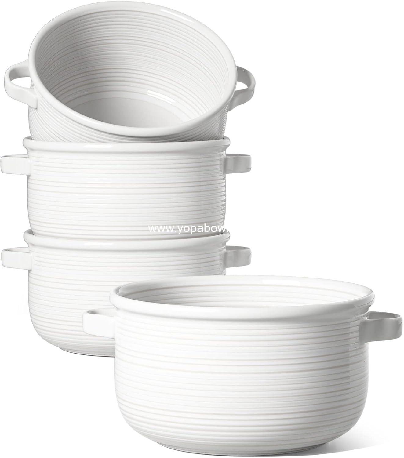 Wholesale 28 oz Soup Bowls with Handles - Lead-Free Ceramic French Onion Crocks, Oven and Microwave Safe, Heat-Resistant, Stackable, Dishwasher Safe, Set of 4, White, Factory