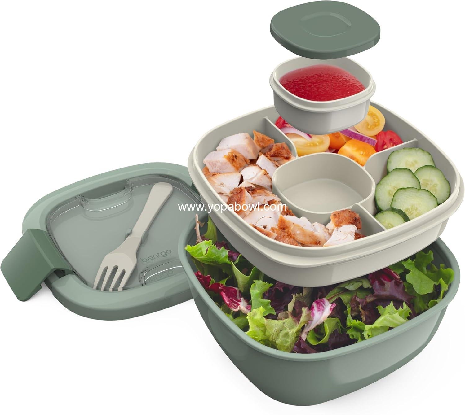 Wholesale 54 oz Salad Container with 4-Compartment Toppings Tray, Leak-Proof Dressing Container, Reusable Fork, BPA-Free Lunch Box for Meal Prep & Food Storage, Removable Bento Tray (Khaki Green) Factory