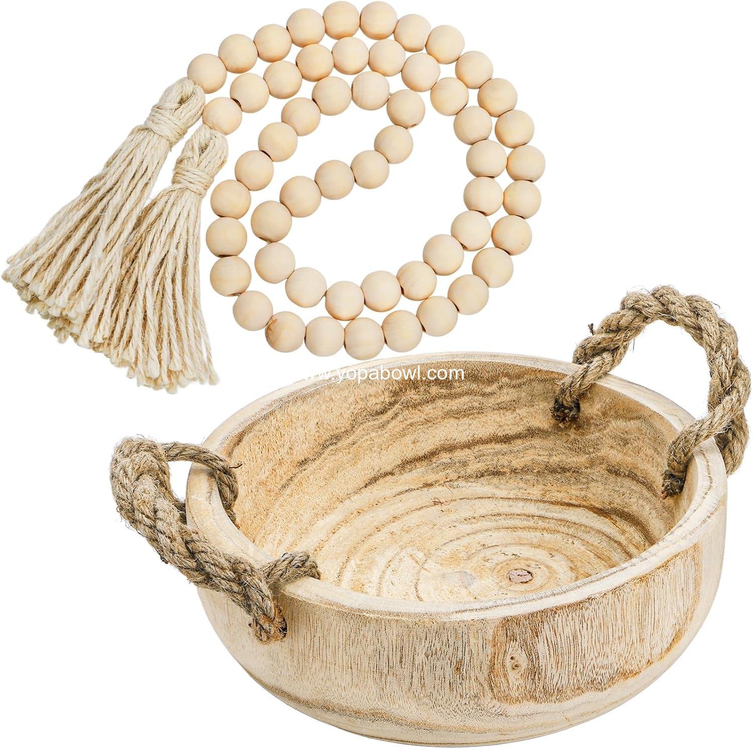 Wholesale 9.5 Inch Paulownia Wood Dough Bowl with Rope Handles and Bead Garland, Handmade Wooden Key Bowl for Tabletop Centerpiece Home Decor Factory