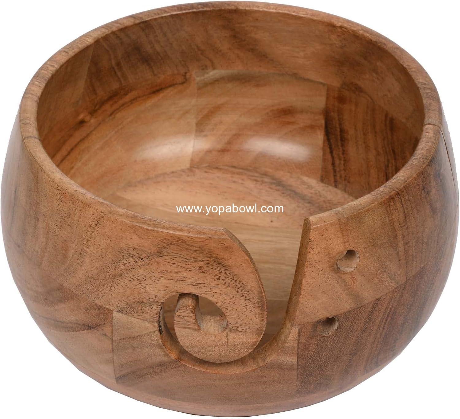 Wholesale Acacia Wood Yarn Bowl Holder Handmade with Holes Yarn Storage Accessory 7