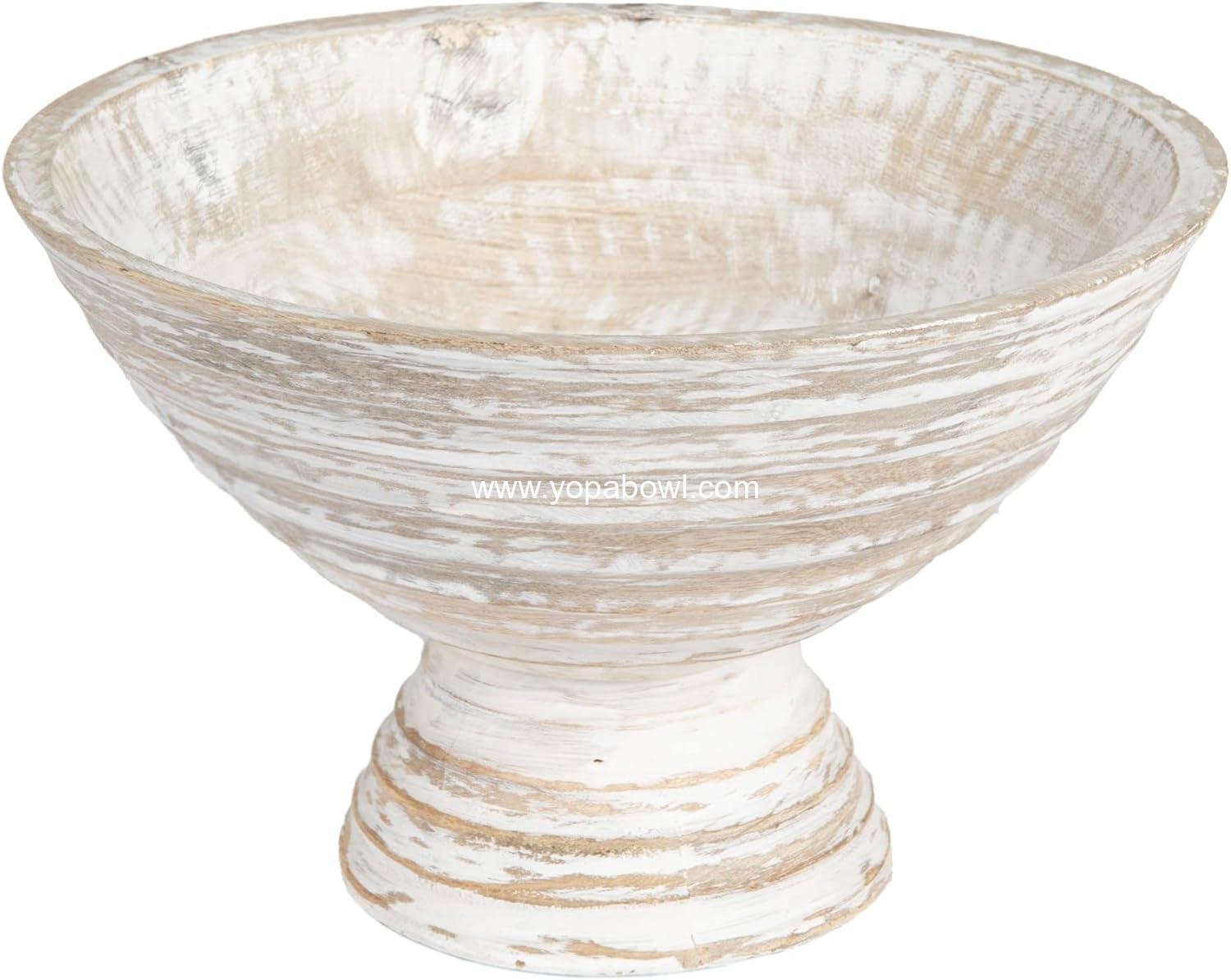 Wholesale Boho Wood Pedestal Serving Bowl, White Wash Finish, 12-Inch Diameter, Factory Wholesale Boho Wood Pedestal Serving Bowl, White Wash Finish, 12-Inch Diameter, Factory