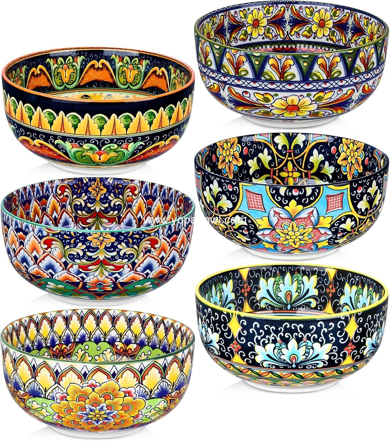 Wholesale Ceramic Cereal Bowls Set of 6, 28 oz Bohemian Colorful Soup and Dessert Bowls for Kitchen, Ideal for Salad, Pasta, Oatmeal, Ramen, and Fruit, Dishwasher & Microwave Safe Factory