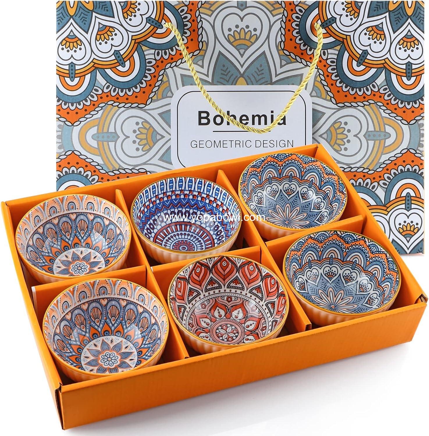 Wholesale Ceramic Rice Bowls 10 oz, Bohemian Style Dinnerware Set, Assorted Serving Bowls for Cereal, Soup, Dessert, Snacks, Fruits, Salsa, Pack of 6 Geometric Pattern - Factory