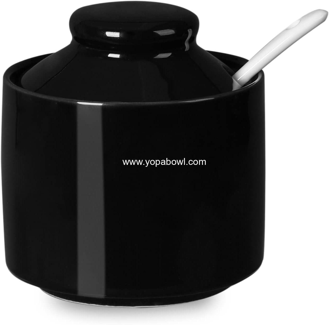 Wholesale Ceramic Sugar Bowl with Lid and Spoon, 8oz Porcelain Seasoning Salt Bowl (Black) - Factory