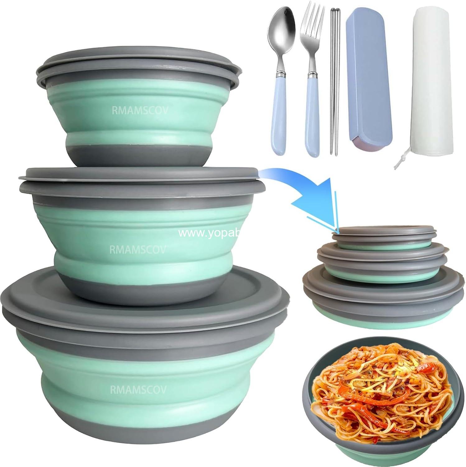 Wholesale Collapsible Camping Bowl with Lid, Silicone Salad and Soup Serving Bowl, Microwave Safe, Foldable for Travel and Picnic (Blue) - Factory