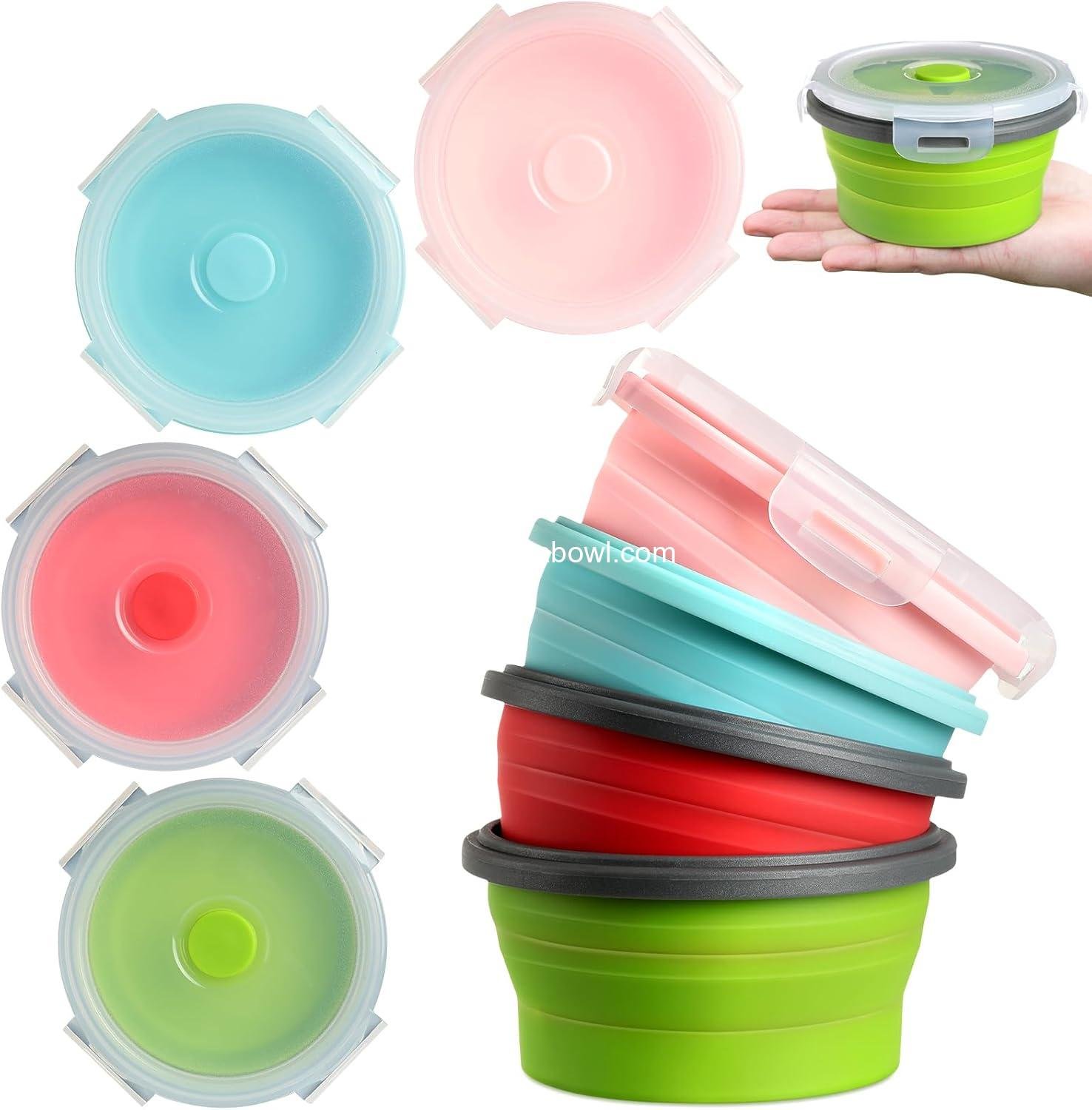 Wholesale Collapsible Silicone Camping Bowls with Lid - 4 Pcs Expandable Lunch Boxes for Hiking and Travel - 12 oz Salad Food Storage Containers (Red, Pink, Blue, Green) - Factory